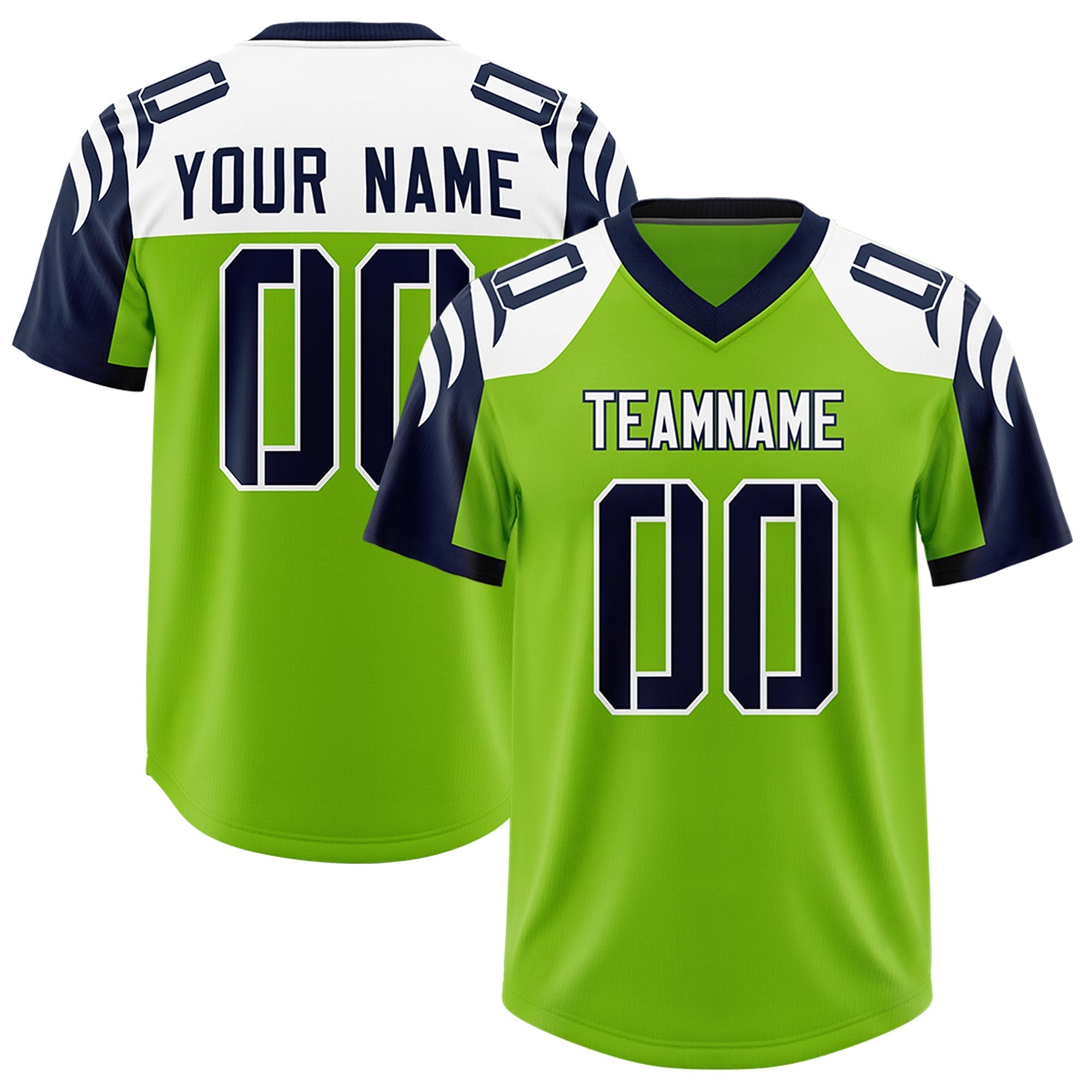 Custom Neon Green Navy Raglan Sleeves Personalized Pattern Authentic American Football Jersey