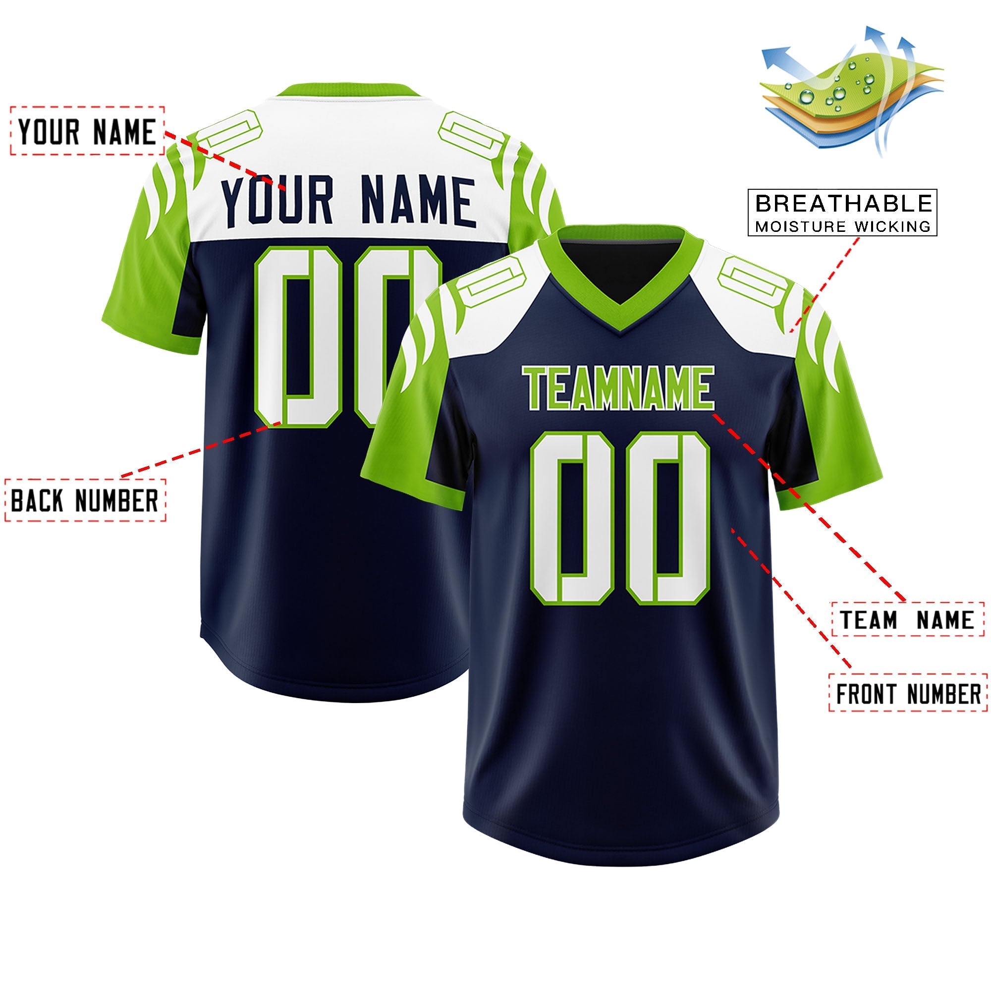 Custom Navy Neon Green Raglan Sleeves Personalized Pattern Authentic American Football Jersey