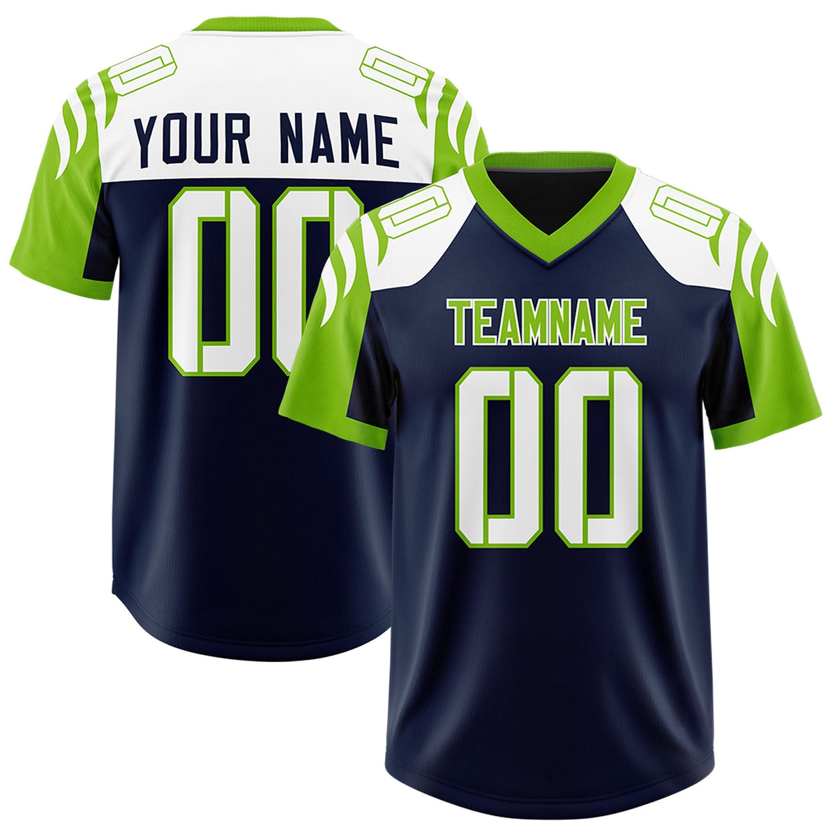 Custom Navy Neon Green Raglan Sleeves Personalized Pattern Authentic American Football Jersey