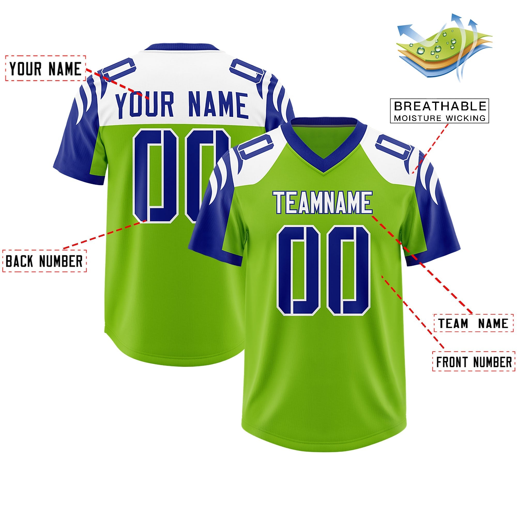 Custom Neon Green Royal Raglan Sleeves Personalized Pattern Authentic American Football Jersey
