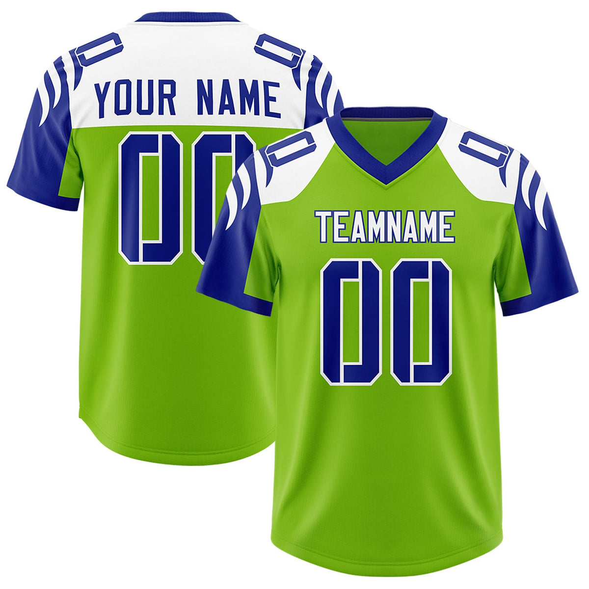 Custom Neon Green Royal Raglan Sleeves Personalized Pattern Authentic American Football Jersey
