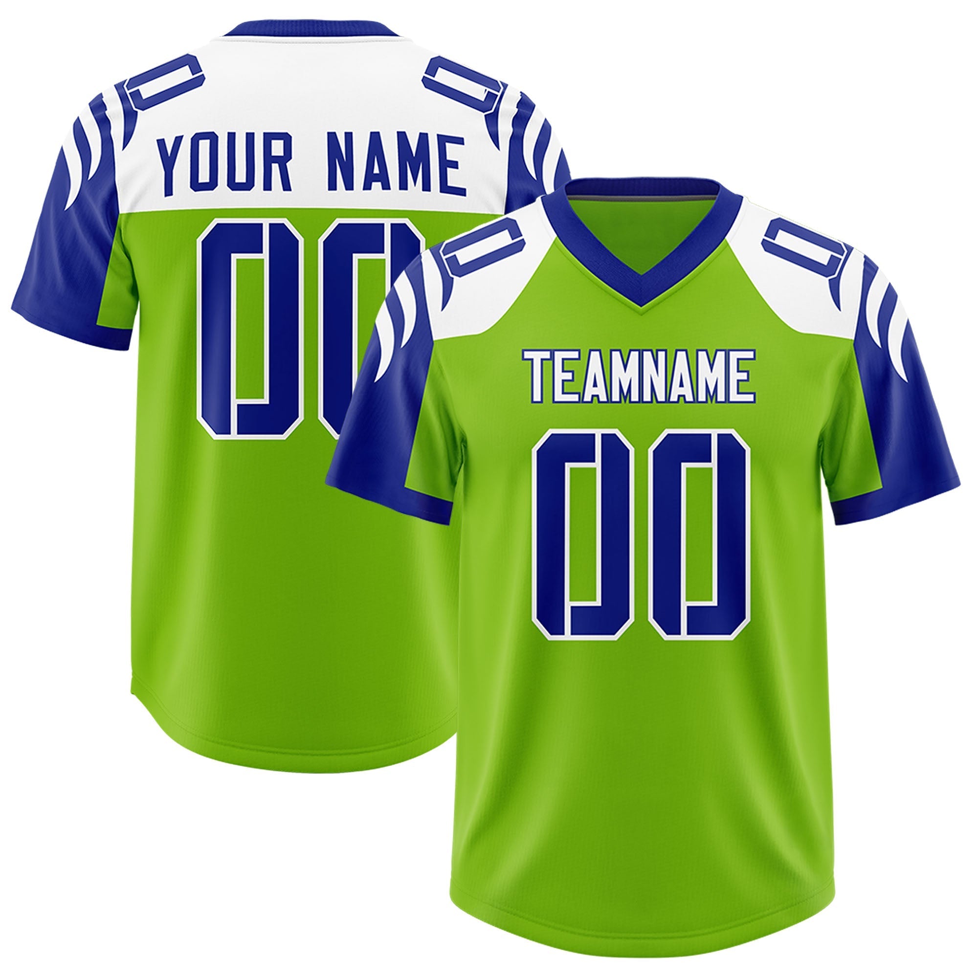 Custom Neon Green Royal Raglan Sleeves Personalized Pattern Authentic American Football Jersey