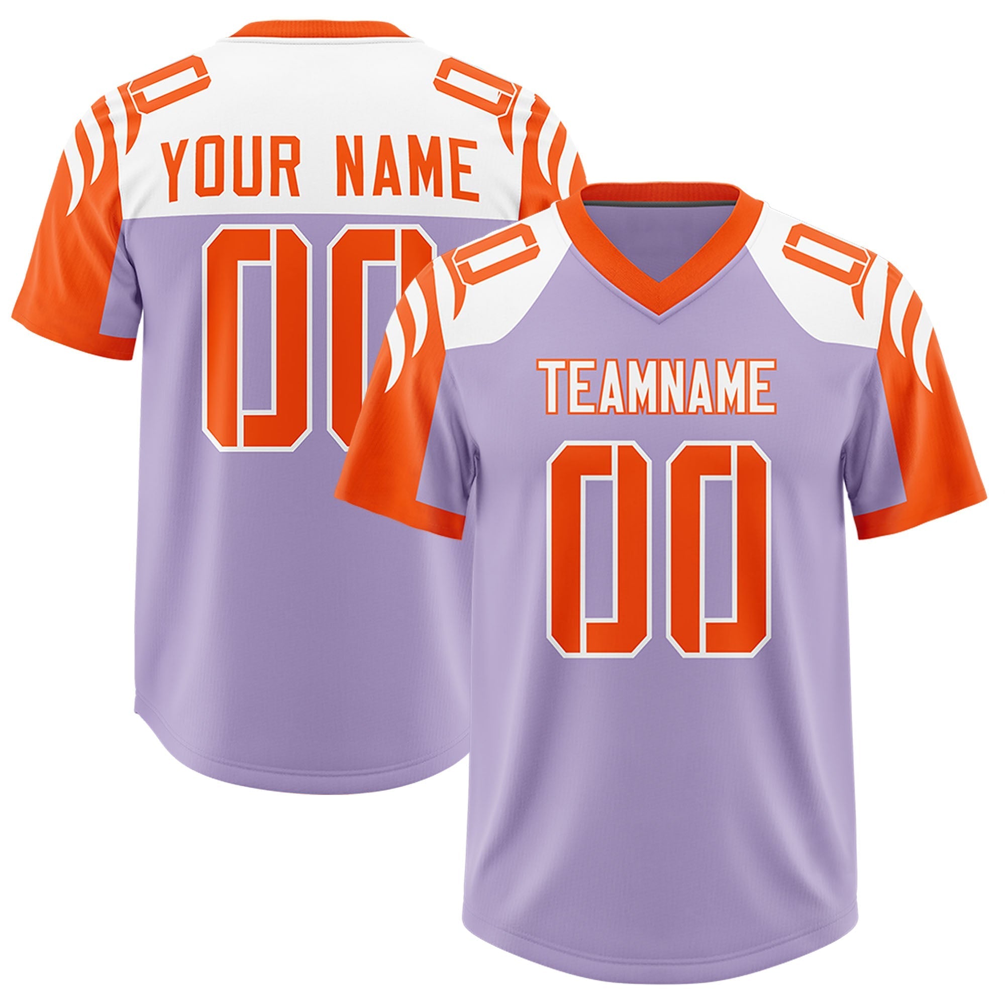 Custom Light Purple Orange Raglan Sleeves Personalized Pattern Authentic American Football Jersey