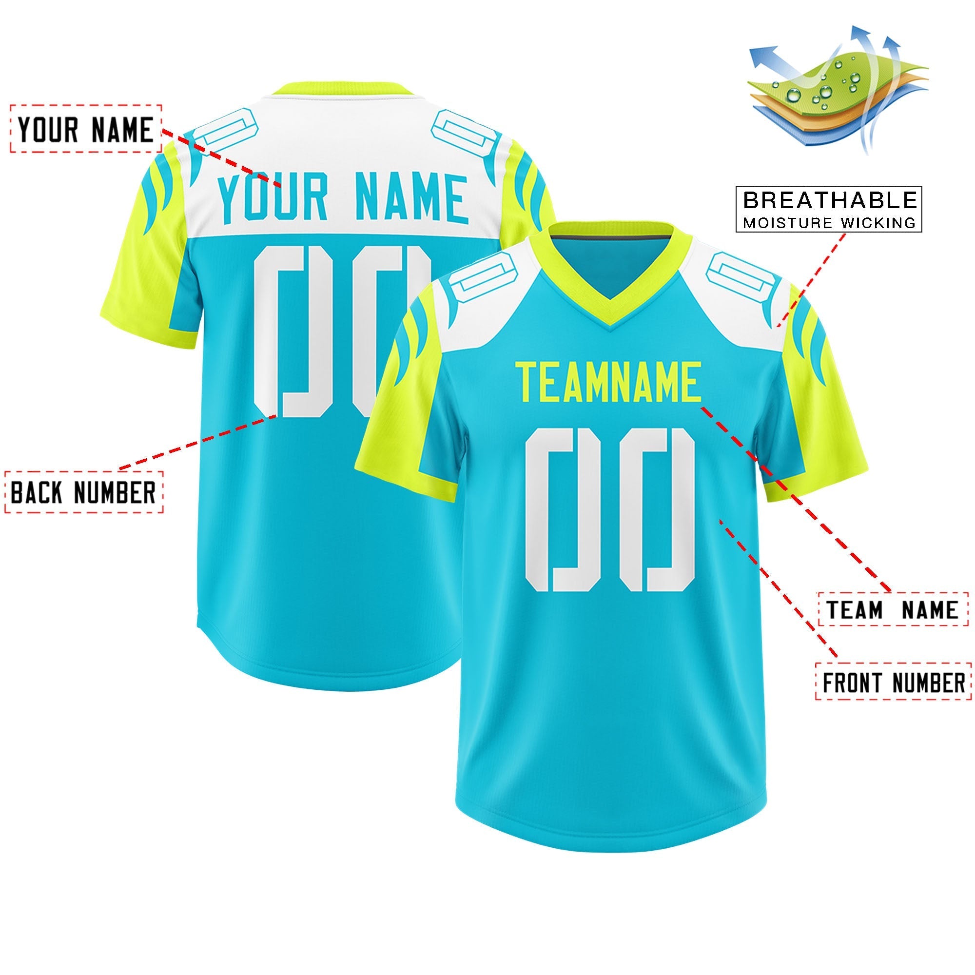Custom Sky Blue Fluorescent Green Raglan Sleeves Personalized Pattern Authentic American Football Jersey