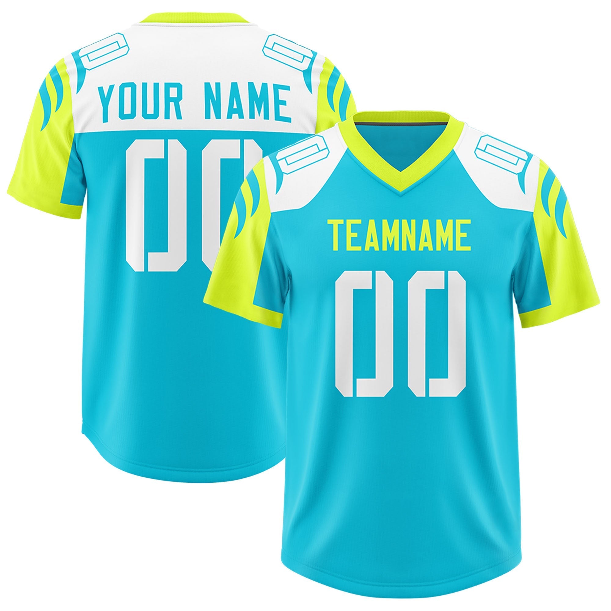 Custom Sky Blue Fluorescent Green Raglan Sleeves Personalized Pattern Authentic American Football Jersey