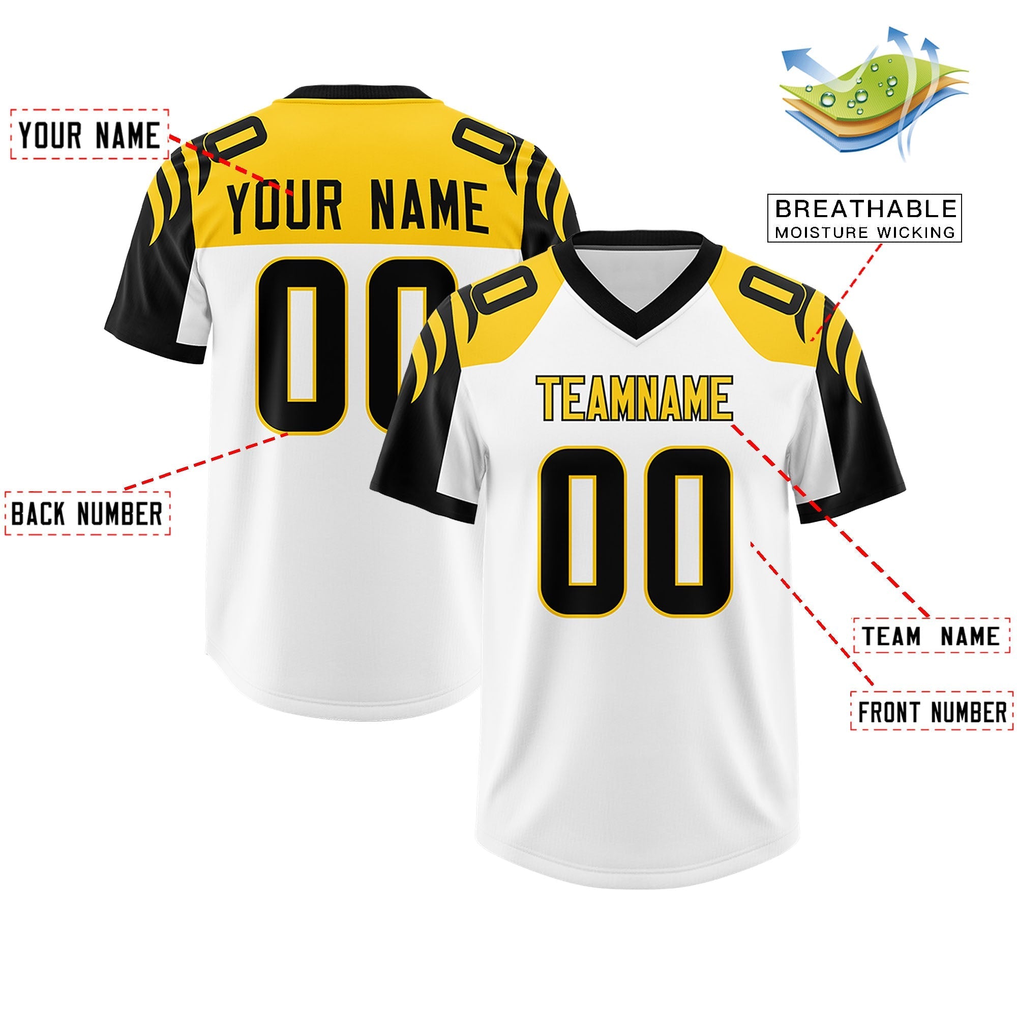 Custom White Black Raglan Sleeves Personalized Pattern Authentic American Football Jersey
