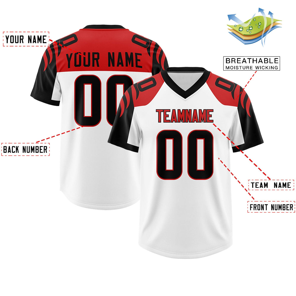 Custom White Black Raglan Sleeves Personalized Pattern Authentic American Football Jersey