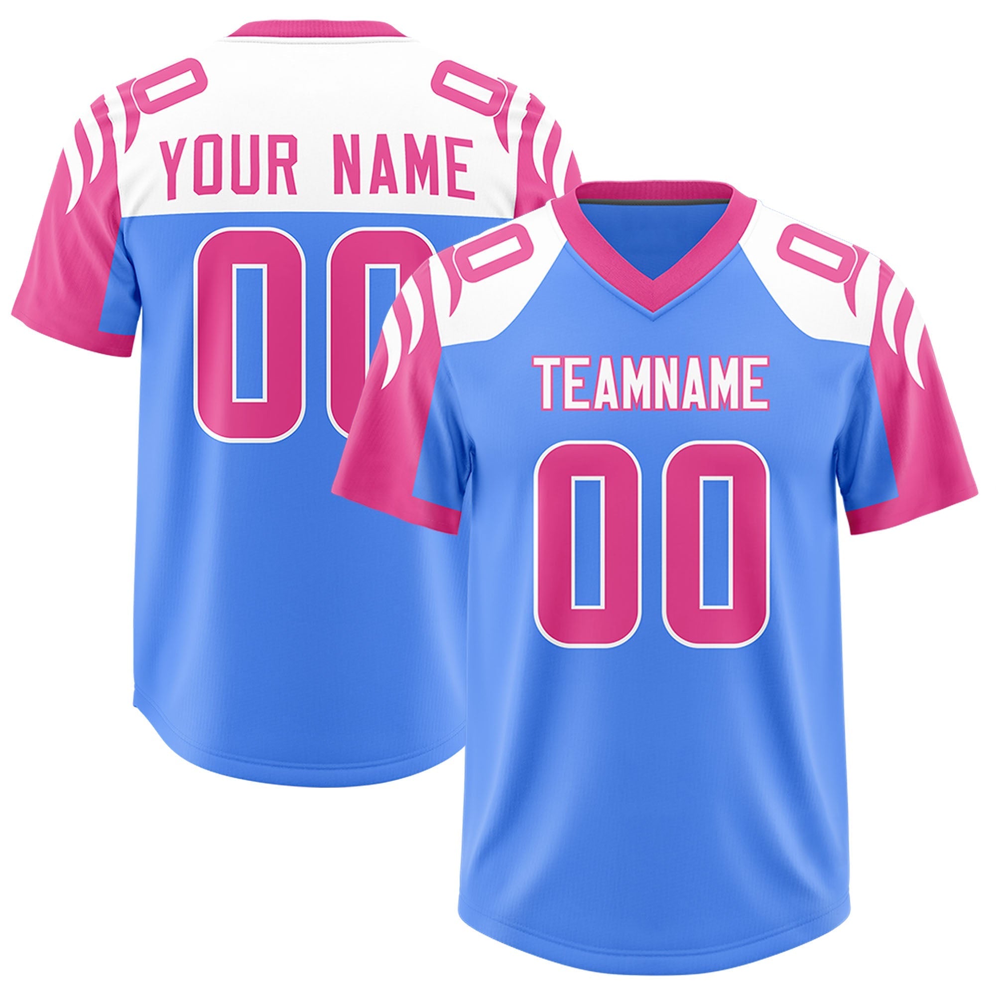 Custom Powder Blue Pink Raglan Sleeves Personalized Pattern Authentic American Football Jersey