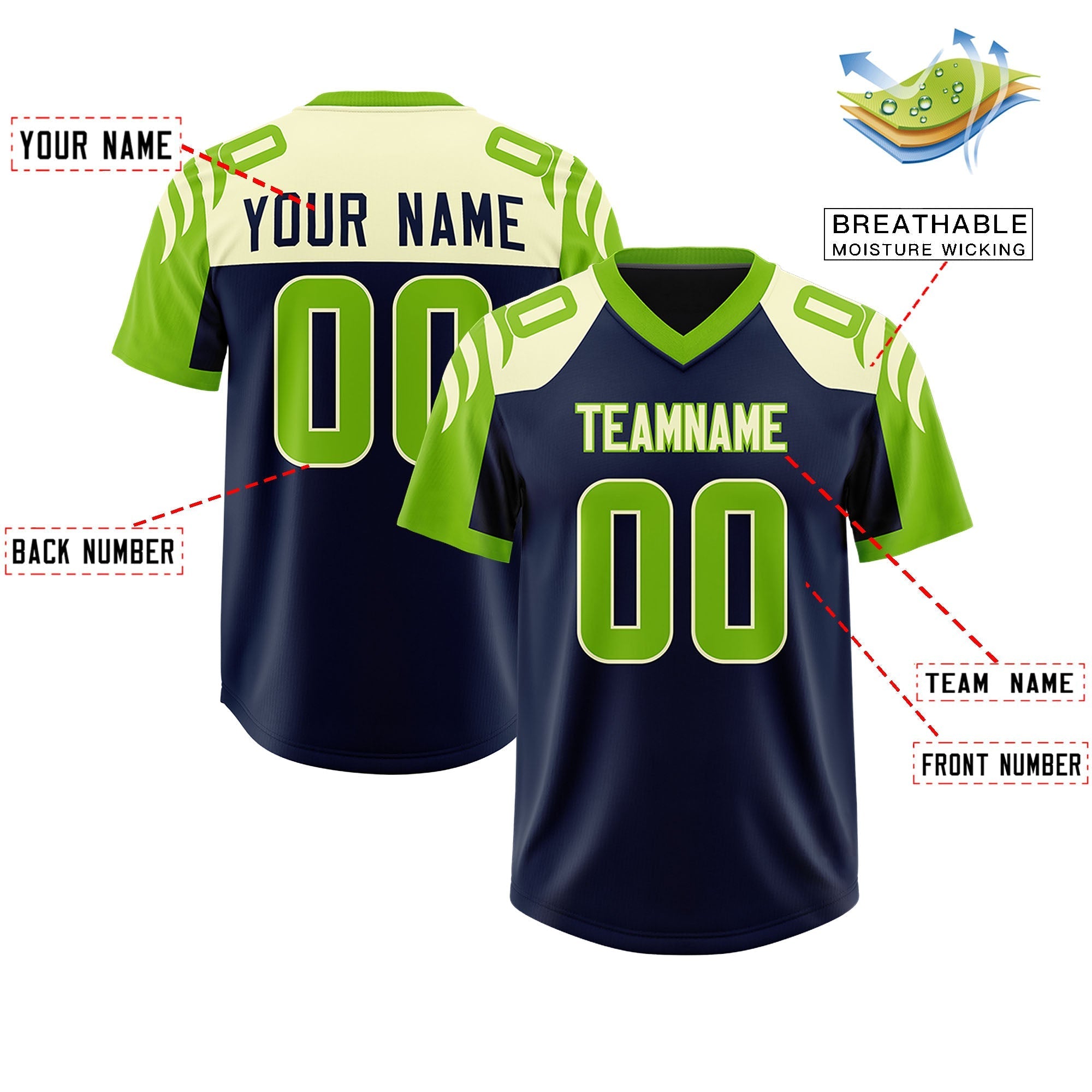 Custom Navy Neon Green Raglan Sleeves Personalized Pattern Authentic American Football Jersey