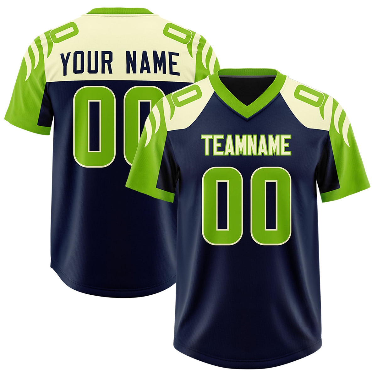Custom Navy Neon Green Raglan Sleeves Personalized Pattern Authentic American Football Jersey