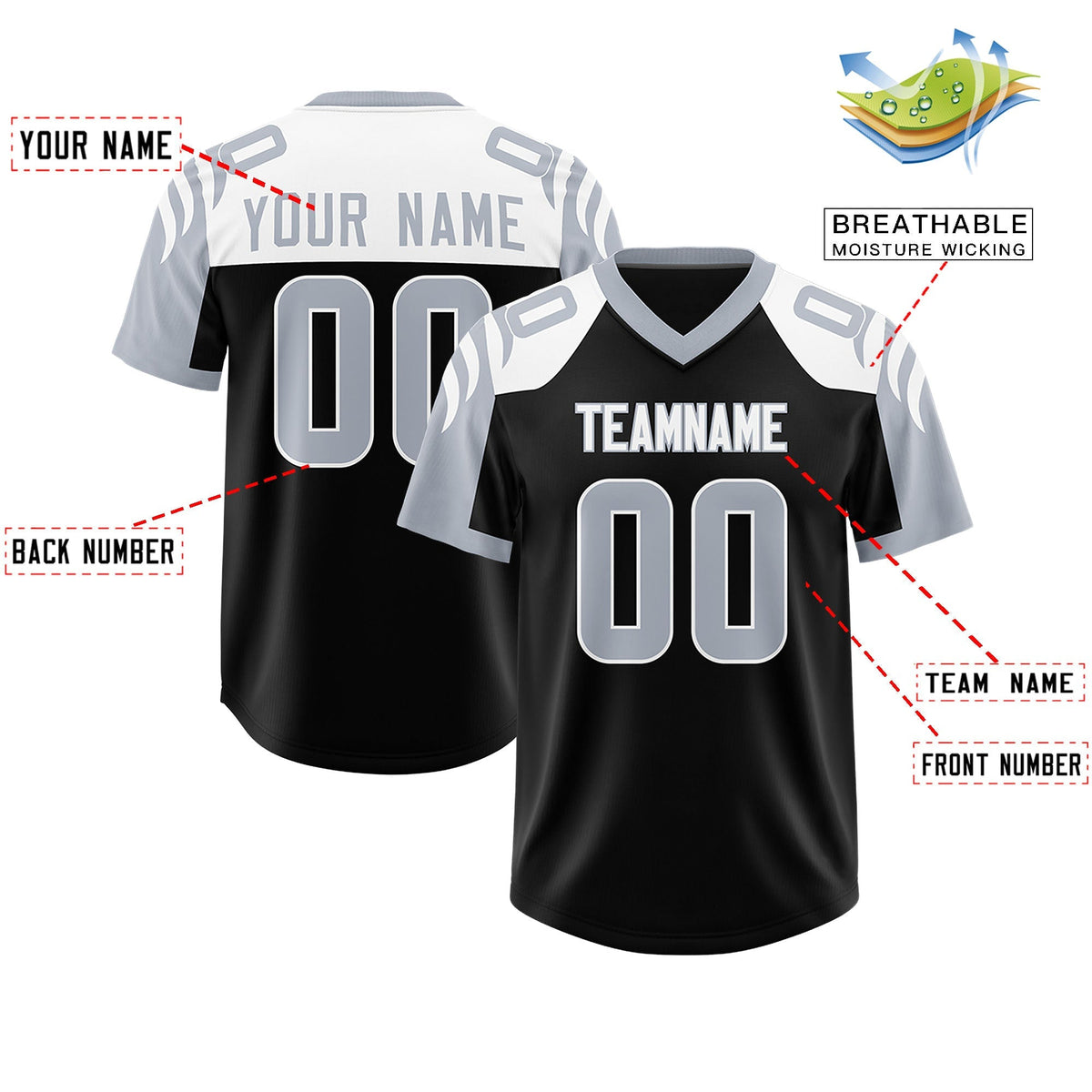 Custom Black Silver Raglan Sleeves Personalized Pattern Authentic American Football Jersey