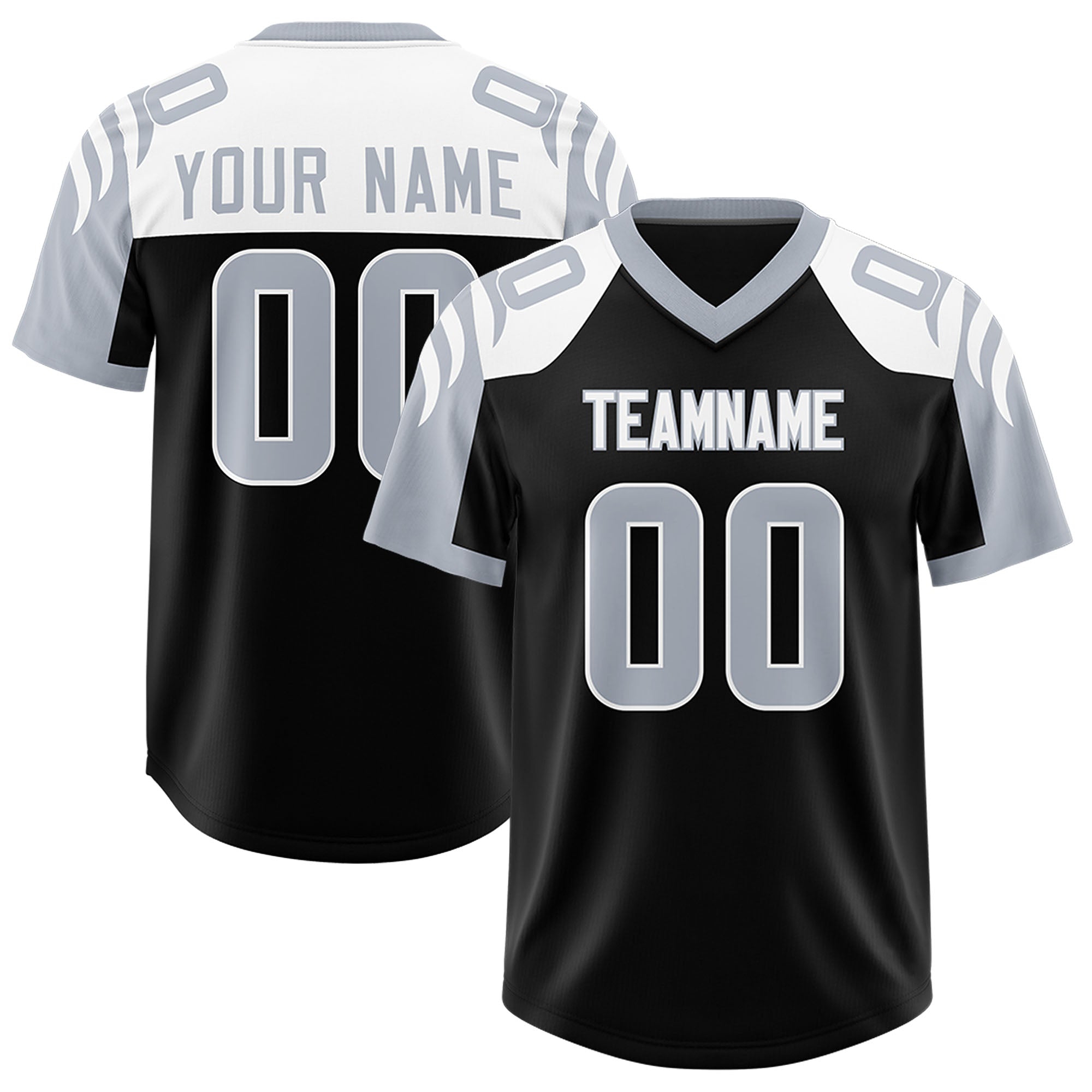 Custom Black Silver Raglan Sleeves Personalized Pattern Authentic American Football Jersey