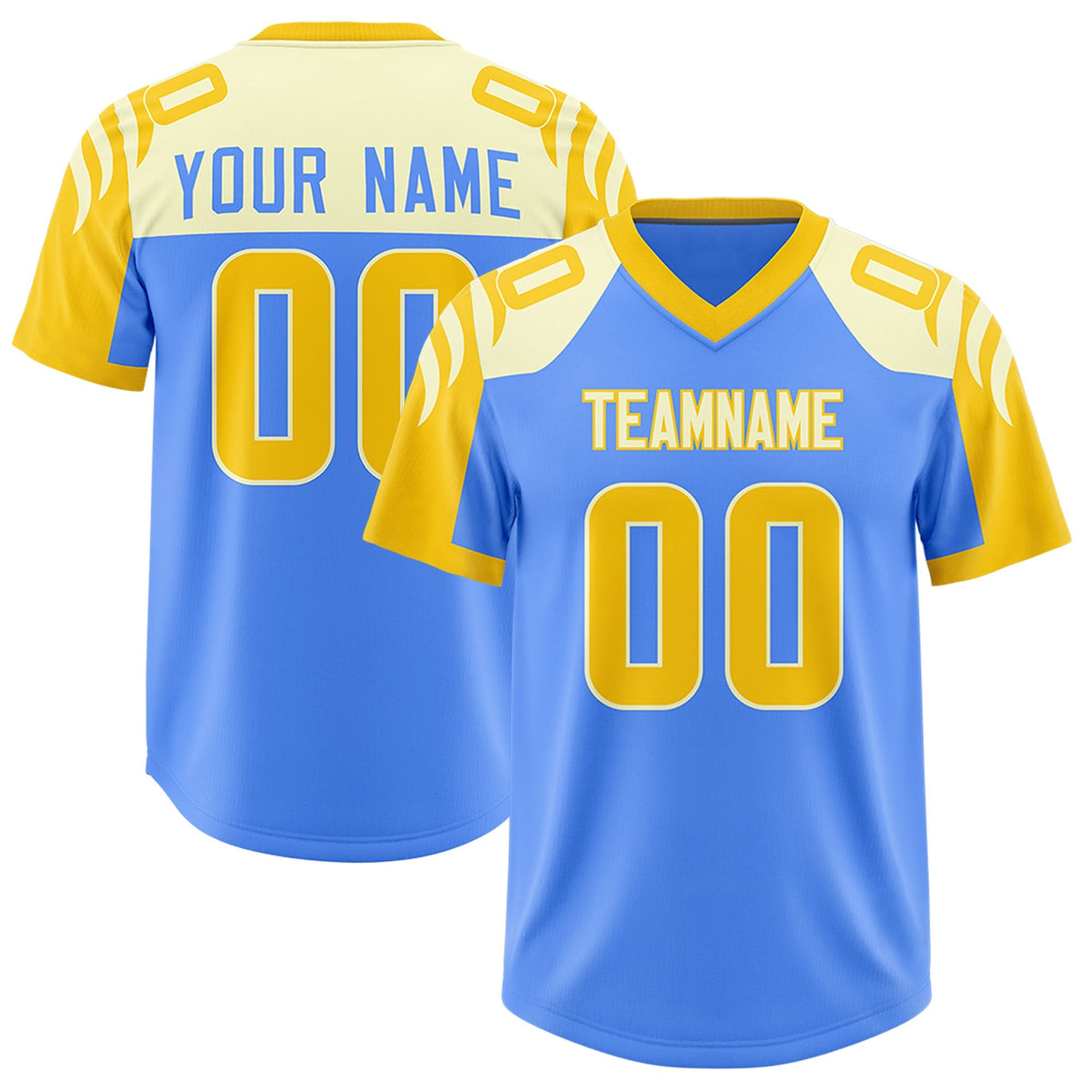 Custom Powder Blue Gold Raglan Sleeves Personalized Pattern Authentic American Football Jersey