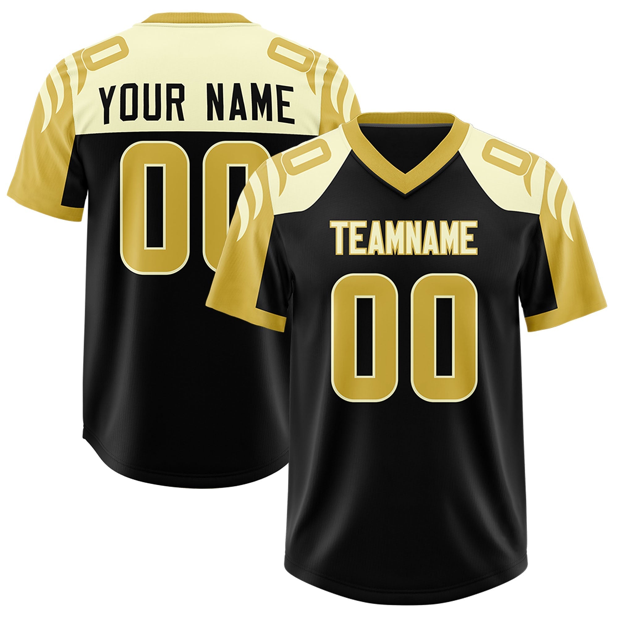 Custom Black Old Gold Raglan Sleeves Personalized Pattern Authentic American Football Jersey