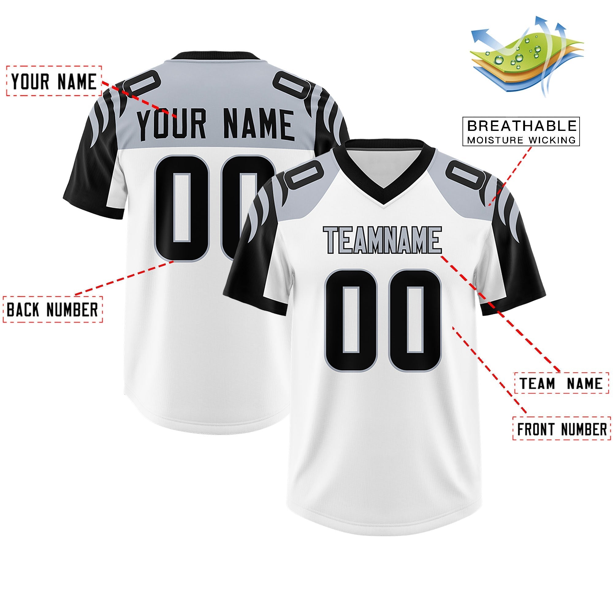 Custom White Black Raglan Sleeves Personalized Pattern Authentic American Football Jersey