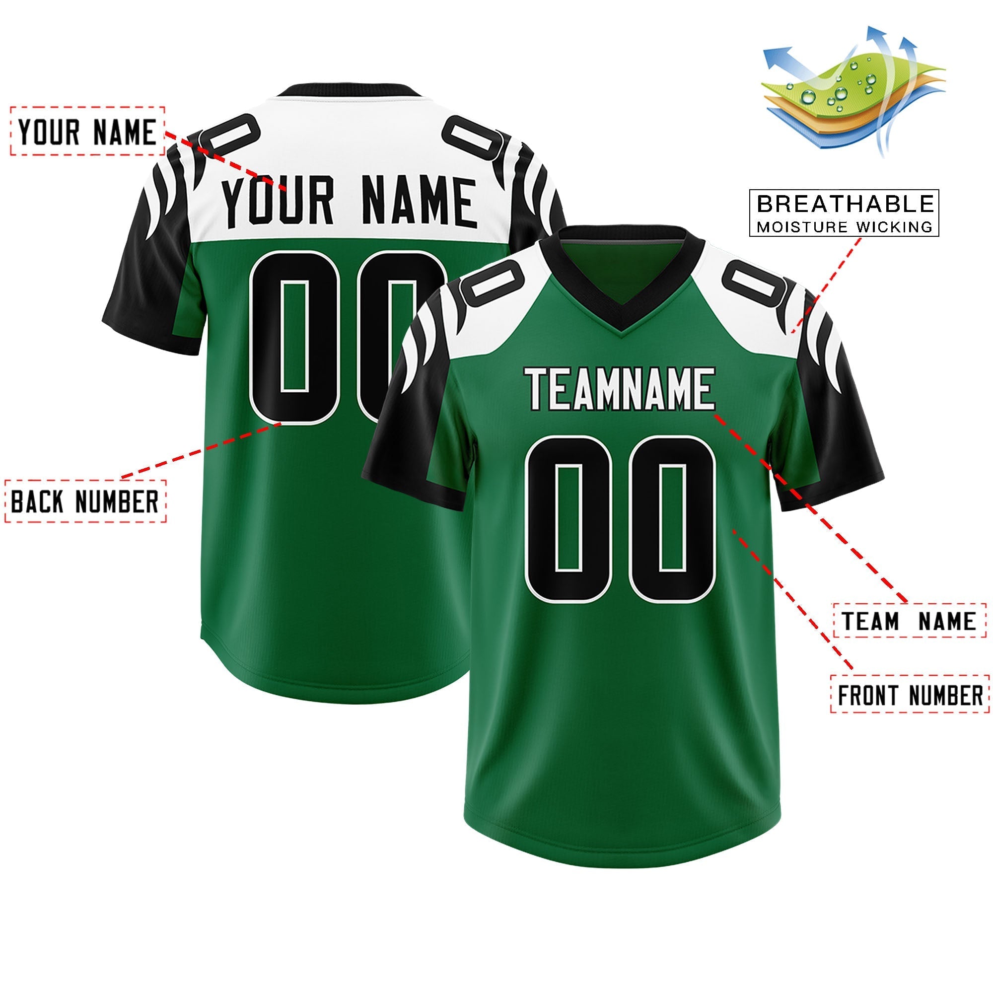 Custom Kelly Green Black Raglan Sleeves Personalized Pattern Authentic American Football Jersey