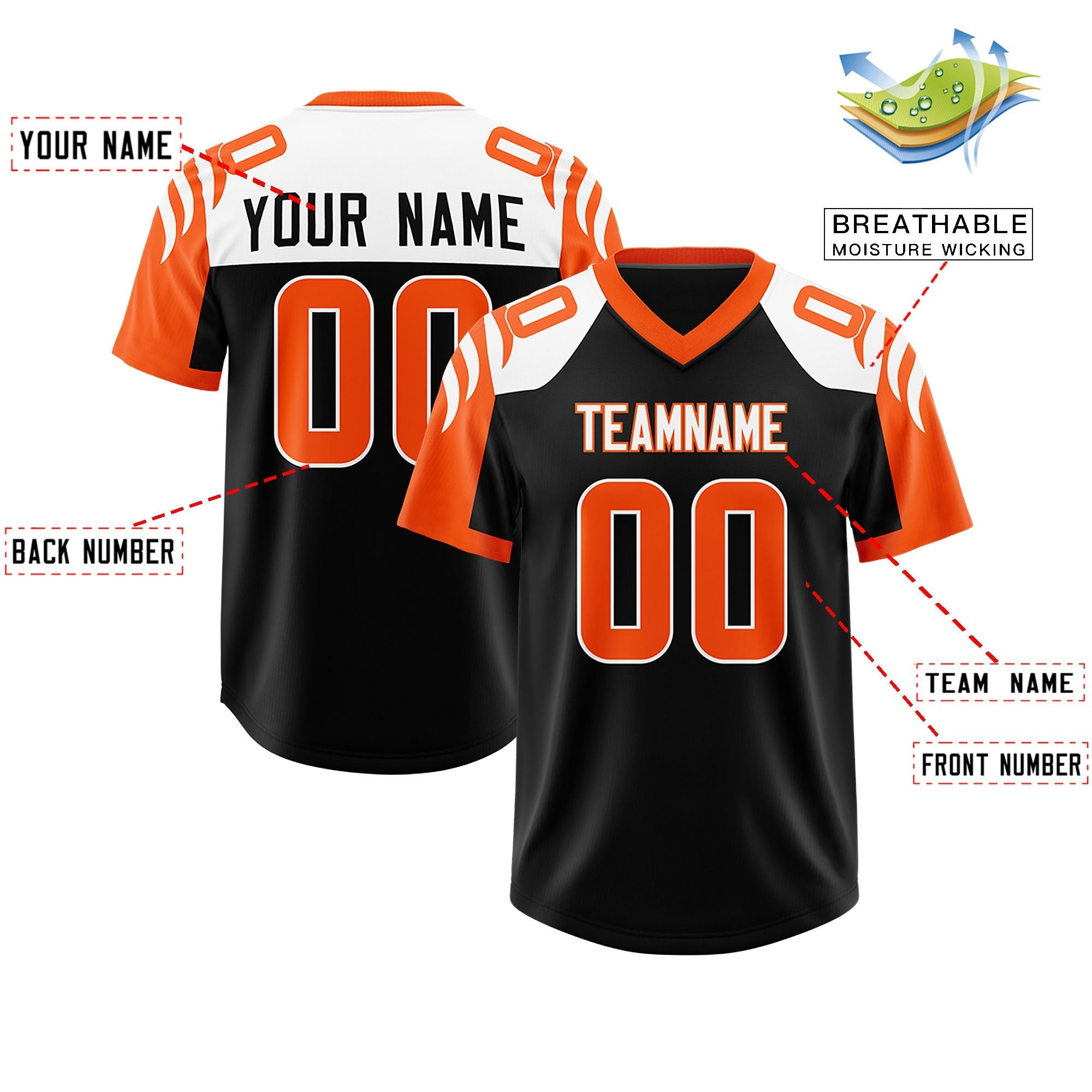 Custom Black Orange Raglan Sleeves Personalized Pattern Authentic American Football Jersey
