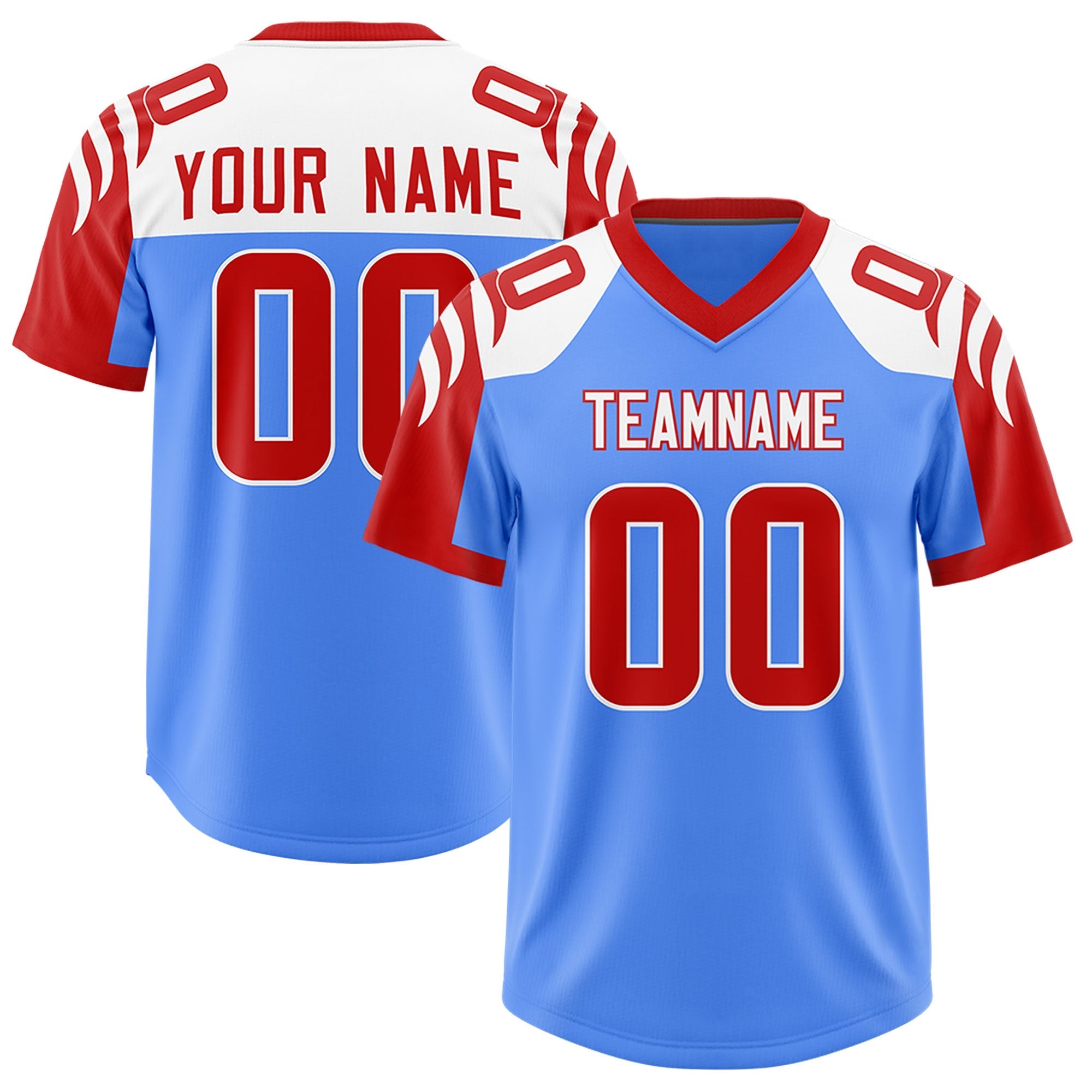 Custom Powder Blue Red Raglan Sleeves Personalized Pattern Authentic American Football Jersey