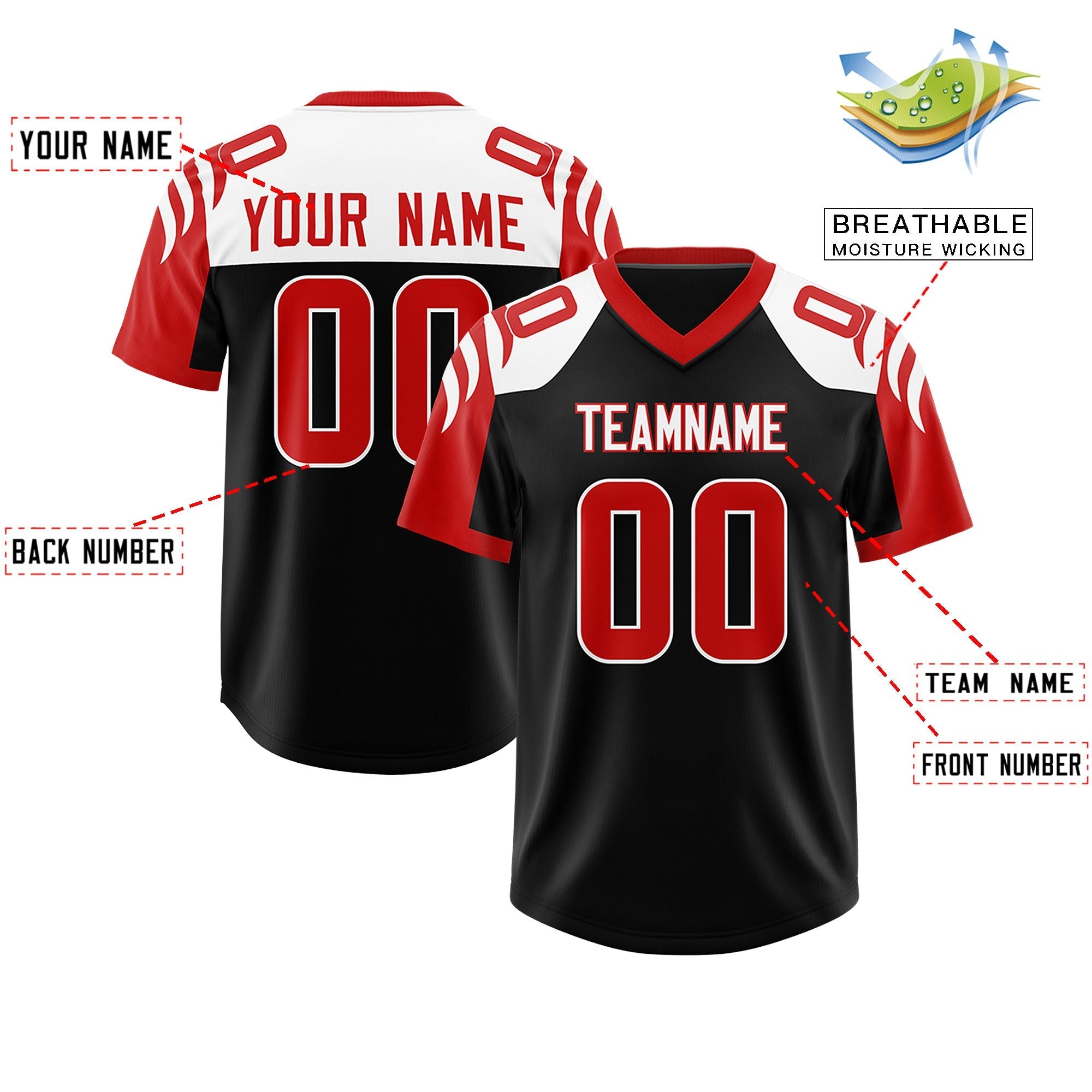 Custom Black Red Raglan Sleeves Personalized Pattern Authentic American Football Jersey