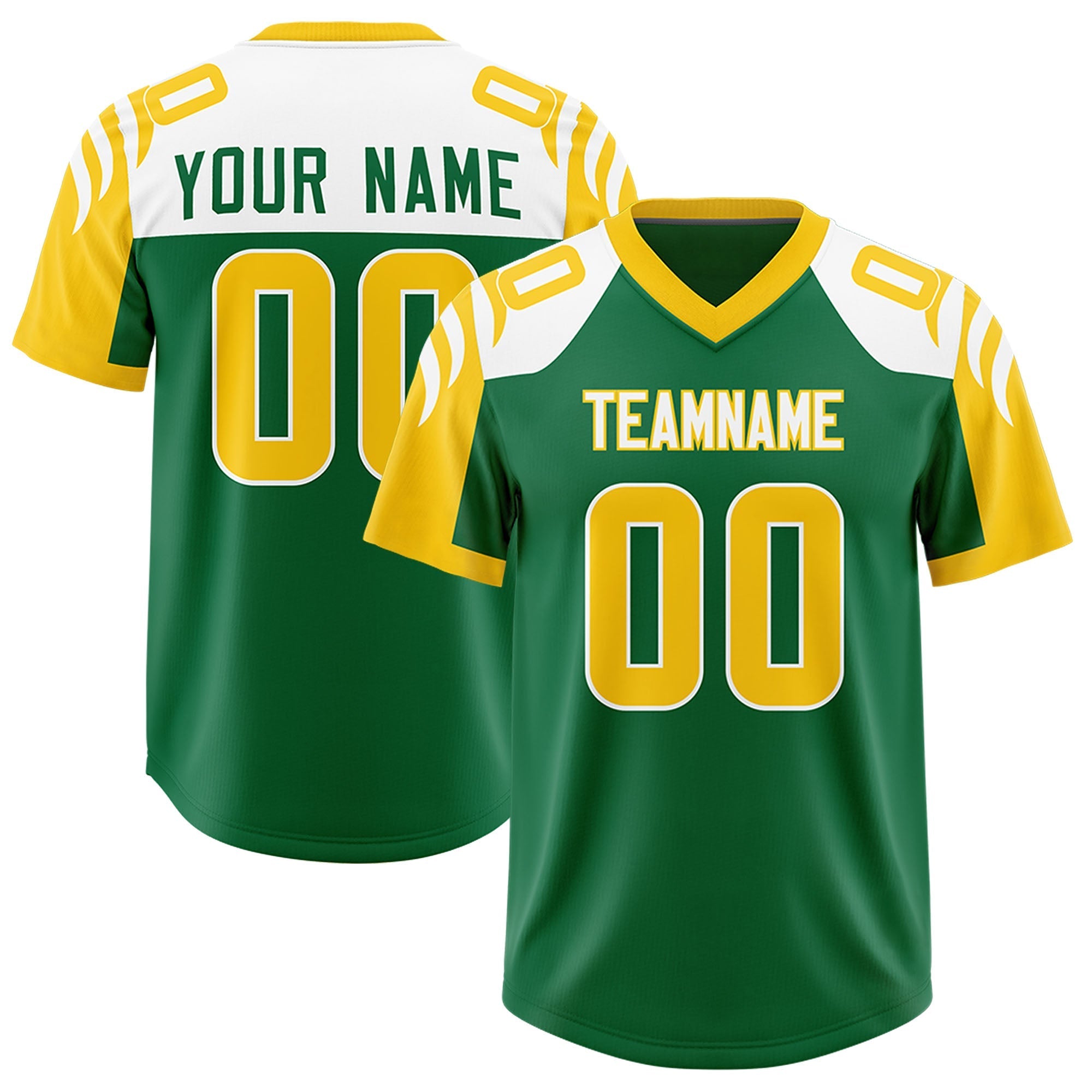 Custom Kelly Green Gold Raglan Sleeves Personalized Pattern Authentic American Football Jersey
