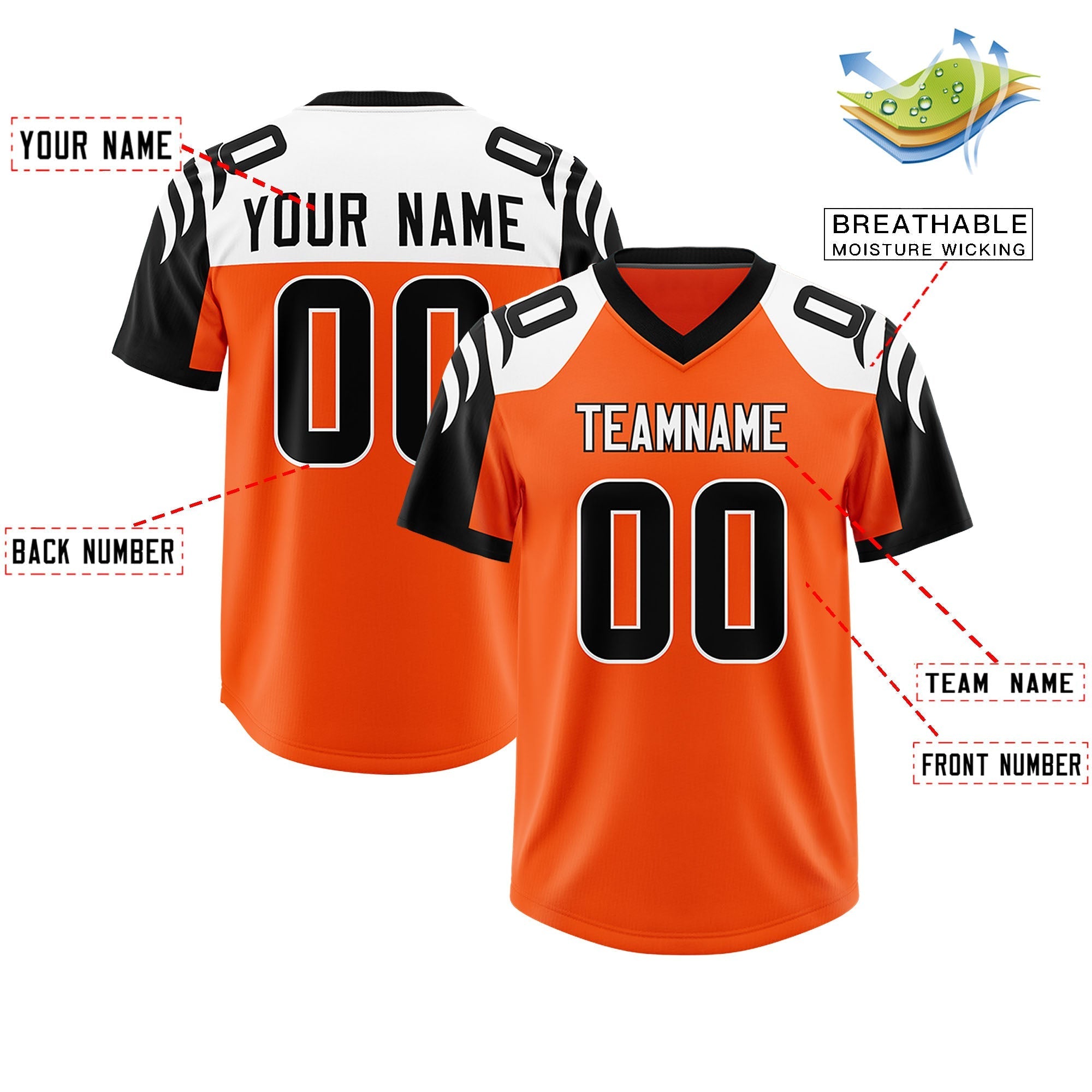 Custom Orange Black Raglan Sleeves Personalized Pattern Authentic American Football Jersey