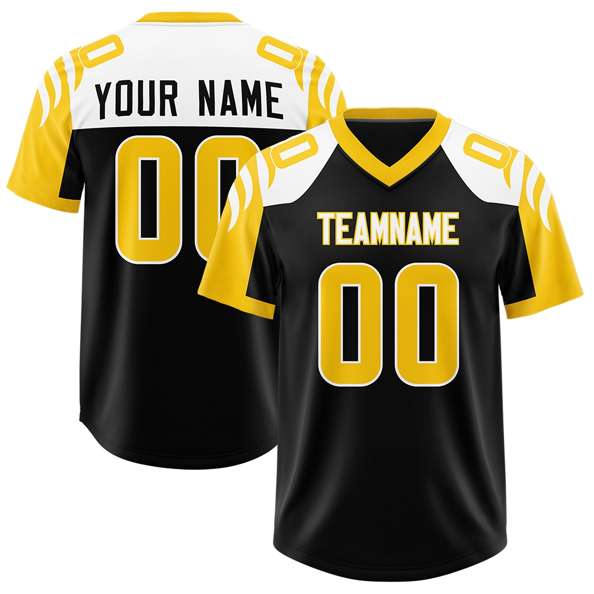 Custom Black Gold Raglan Sleeves Personalized Pattern Authentic American Football Jersey