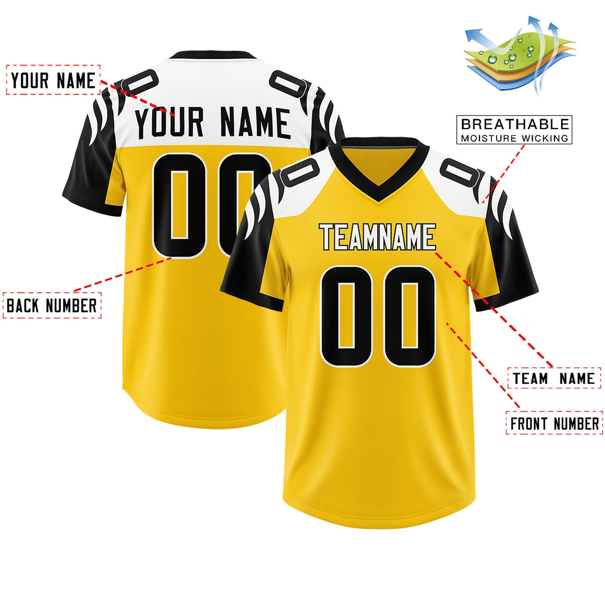 Custom Gold Black Raglan Sleeves Personalized Pattern Authentic American Football Jersey