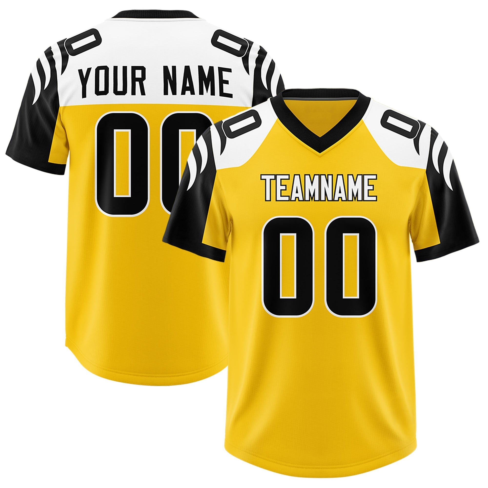 Custom Gold Black Raglan Sleeves Personalized Pattern Authentic American Football Jersey
