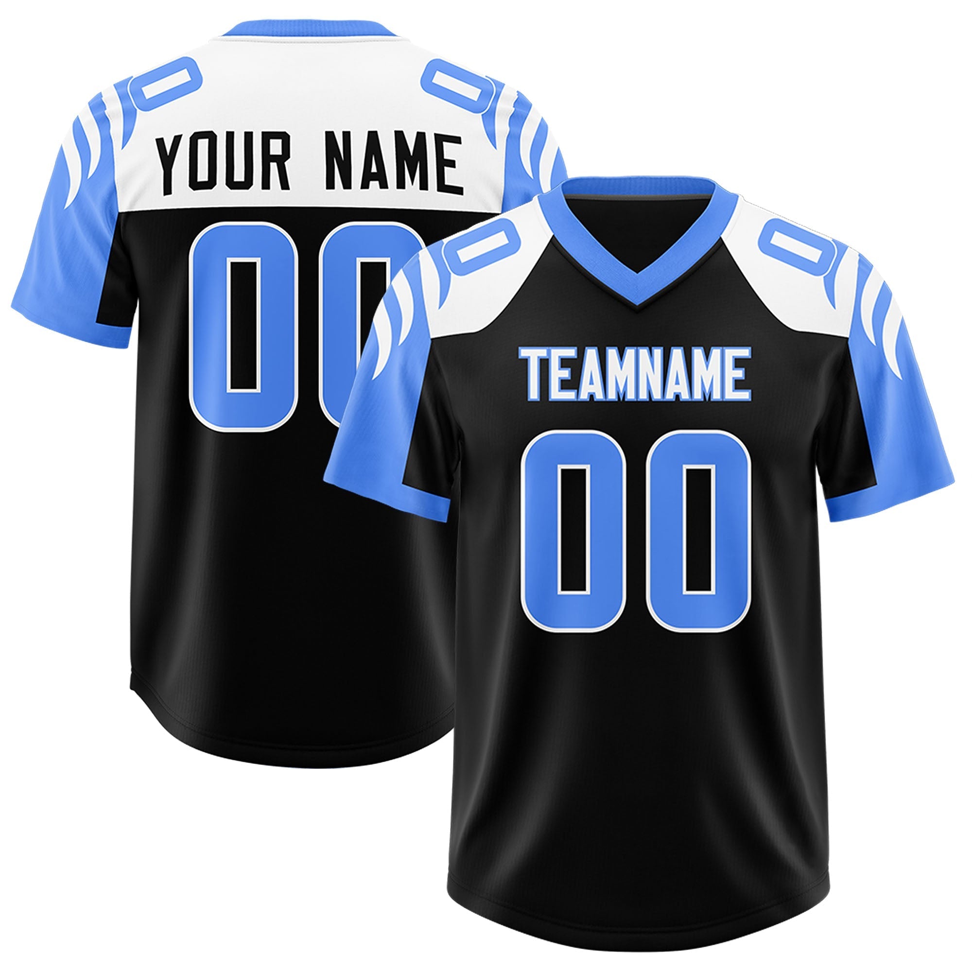 Custom Black Powder Blue Raglan Sleeves Personalized Pattern Authentic American Football Jersey