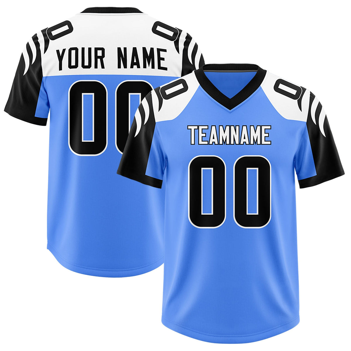 Custom Powder Blue Black Raglan Sleeves Personalized Pattern Authentic American Football Jersey