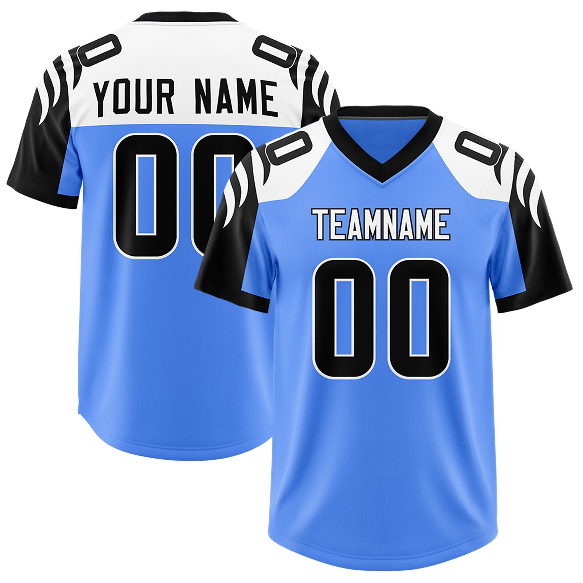 Custom Powder Blue Black Raglan Sleeves Personalized Pattern Authentic American Football Jersey