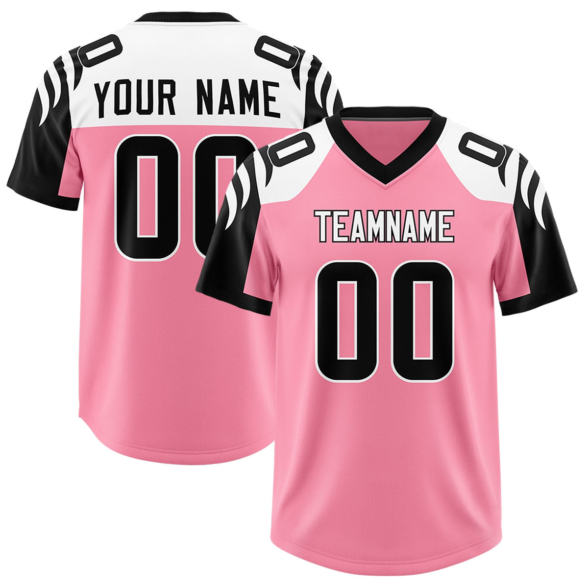Custom Light Pink Black Raglan Sleeves Personalized Pattern Authentic American Football Jersey