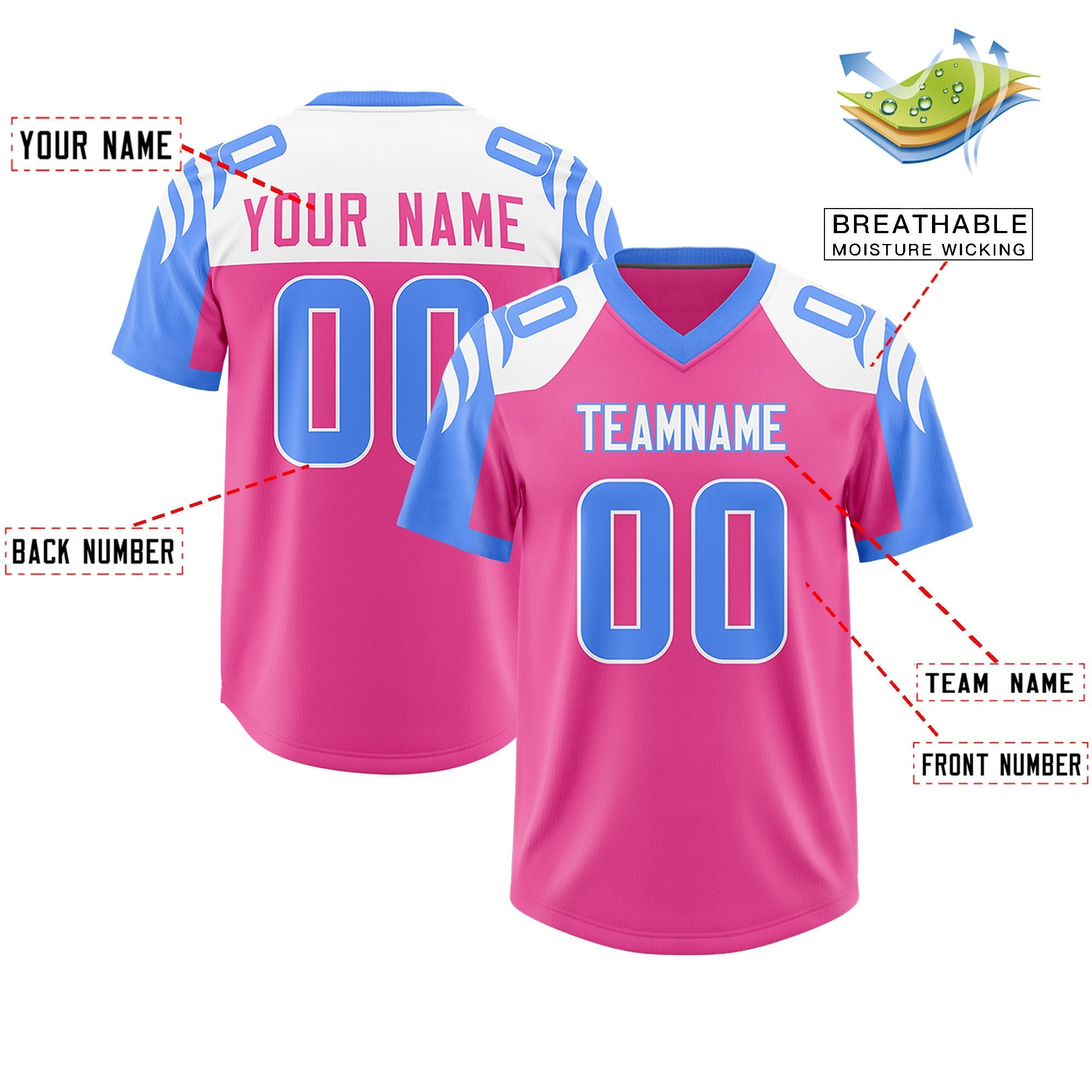 Custom Pink Powder Blue Raglan Sleeves Personalized Pattern Authentic American Football Jersey