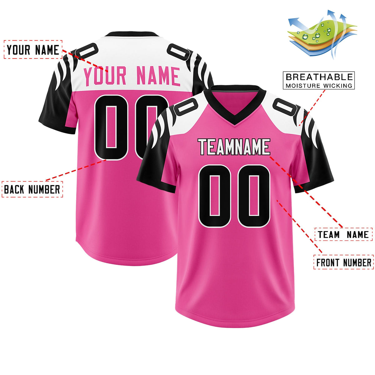 Custom Pink Black Raglan Sleeves Personalized Pattern Authentic American Football Jersey