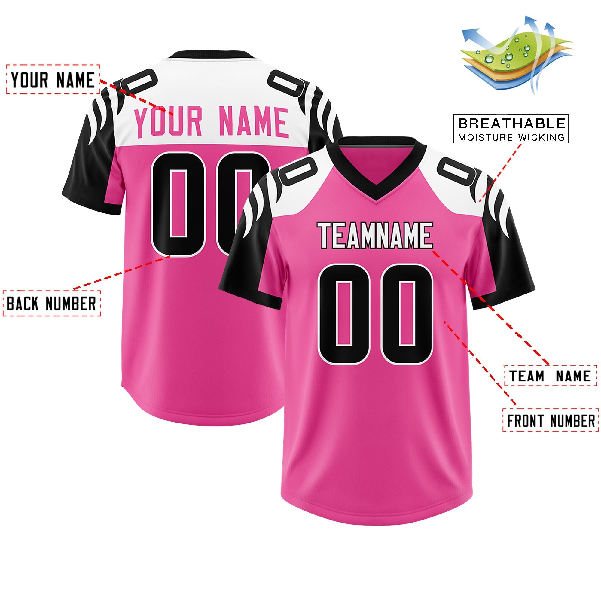 Custom Pink Black Raglan Sleeves Personalized Pattern Authentic American Football Jersey