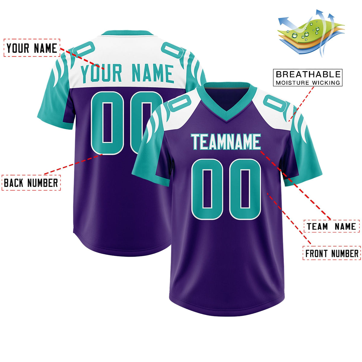 Custom Purple Aqua Raglan Sleeves Personalized Pattern Authentic American Football Jersey