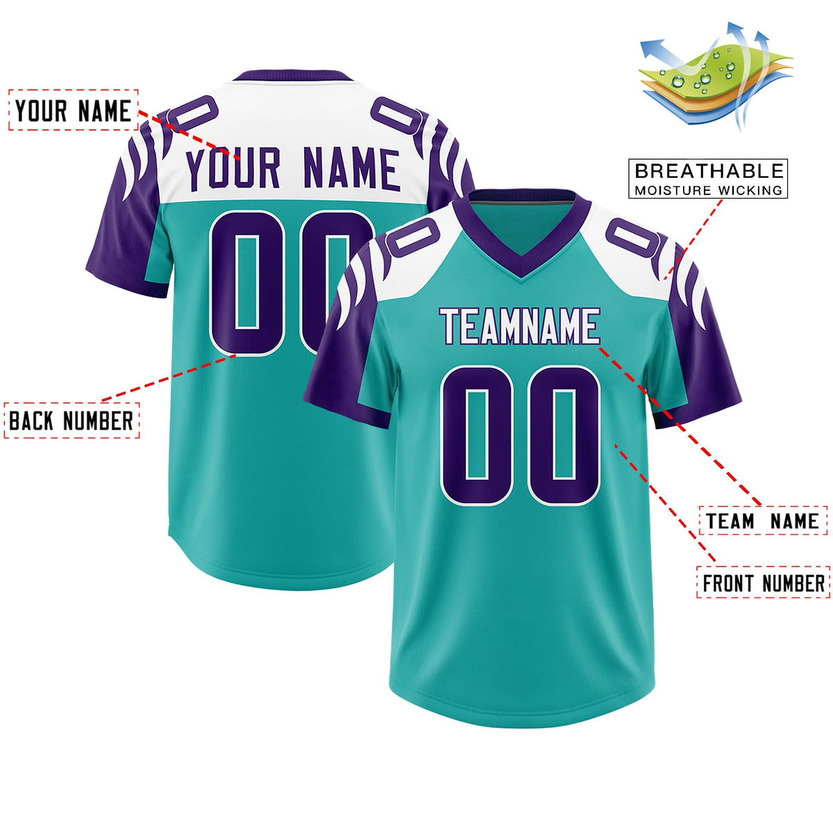 Custom Aqua Purple Raglan Sleeves Personalized Pattern Authentic American Football Jersey