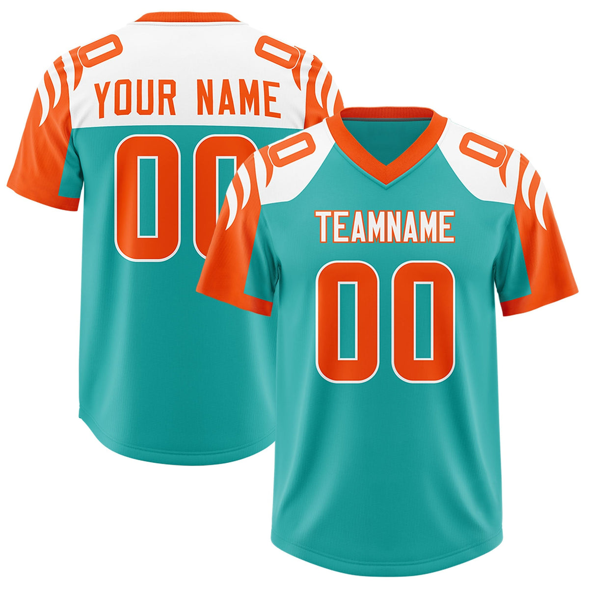 Custom Aqua Orange Raglan Sleeves Personalized Pattern Authentic American Football Jersey