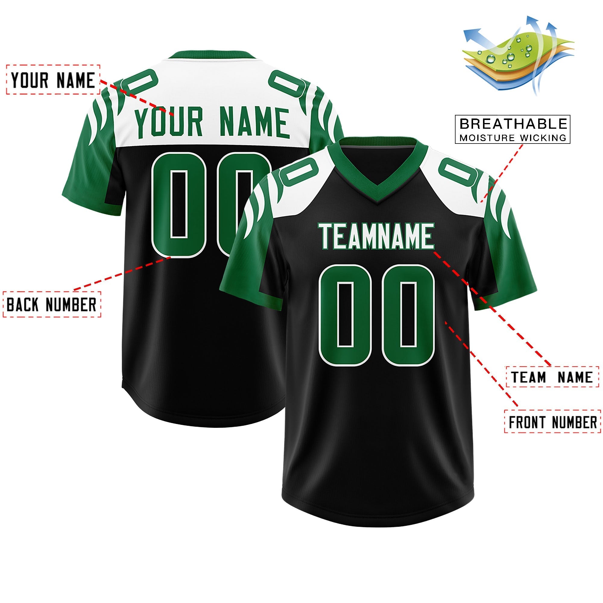 Custom Black Kelly Green Raglan Sleeves Personalized Pattern Authentic American Football Jersey