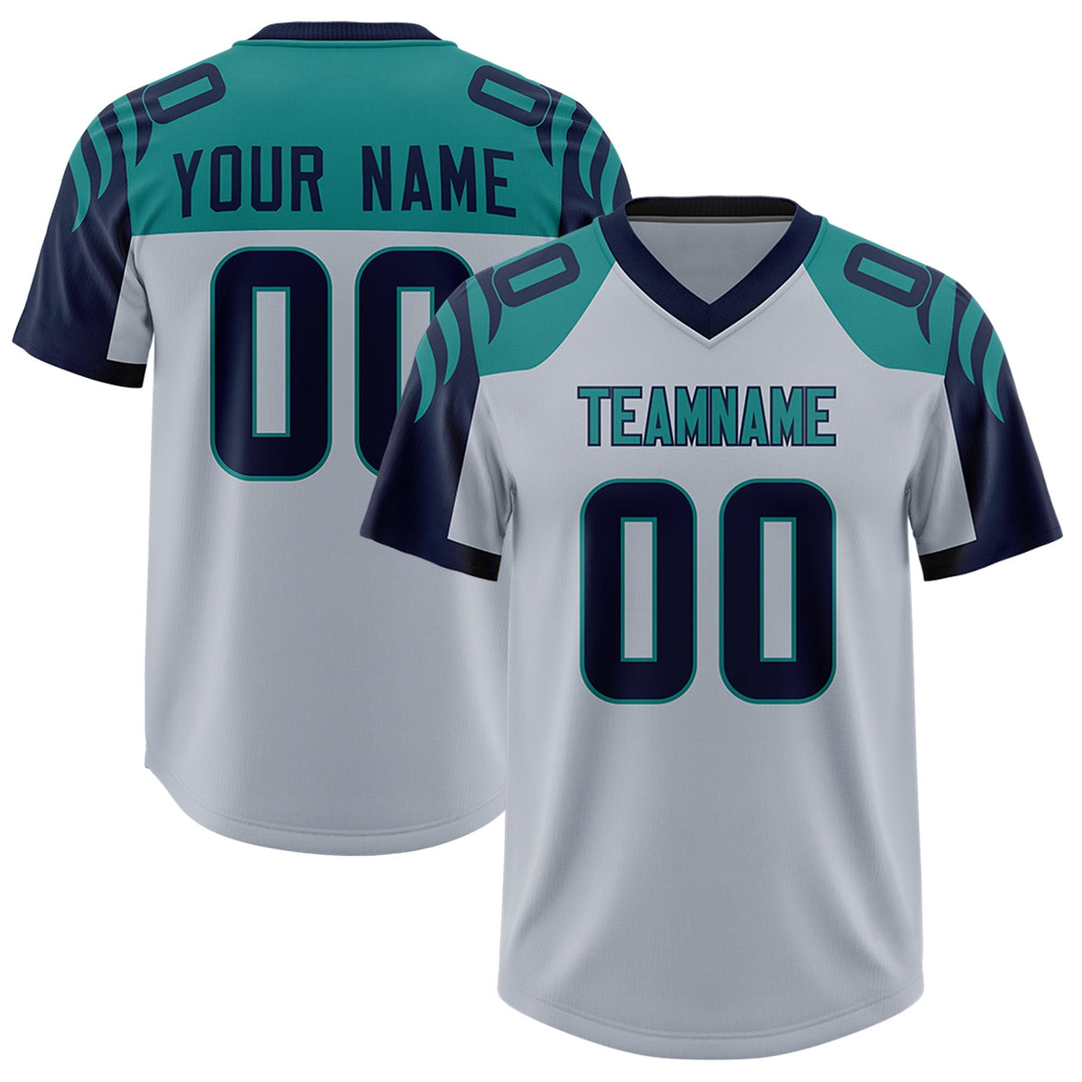 Custom Silver Navy Raglan Sleeves Personalized Pattern Authentic American Football Jersey