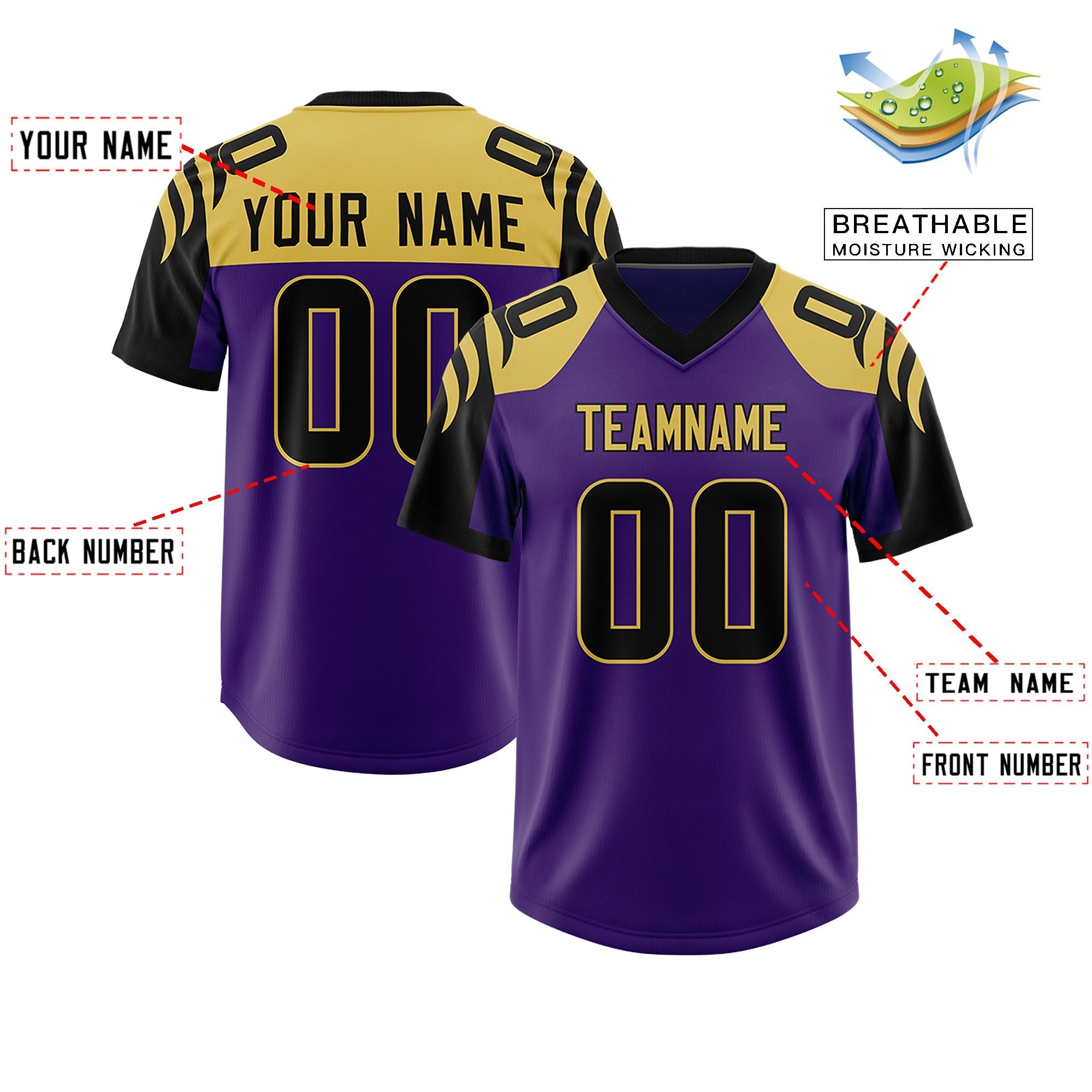 Custom Purple Black Raglan Sleeves Personalized Pattern Authentic American Football Jersey
