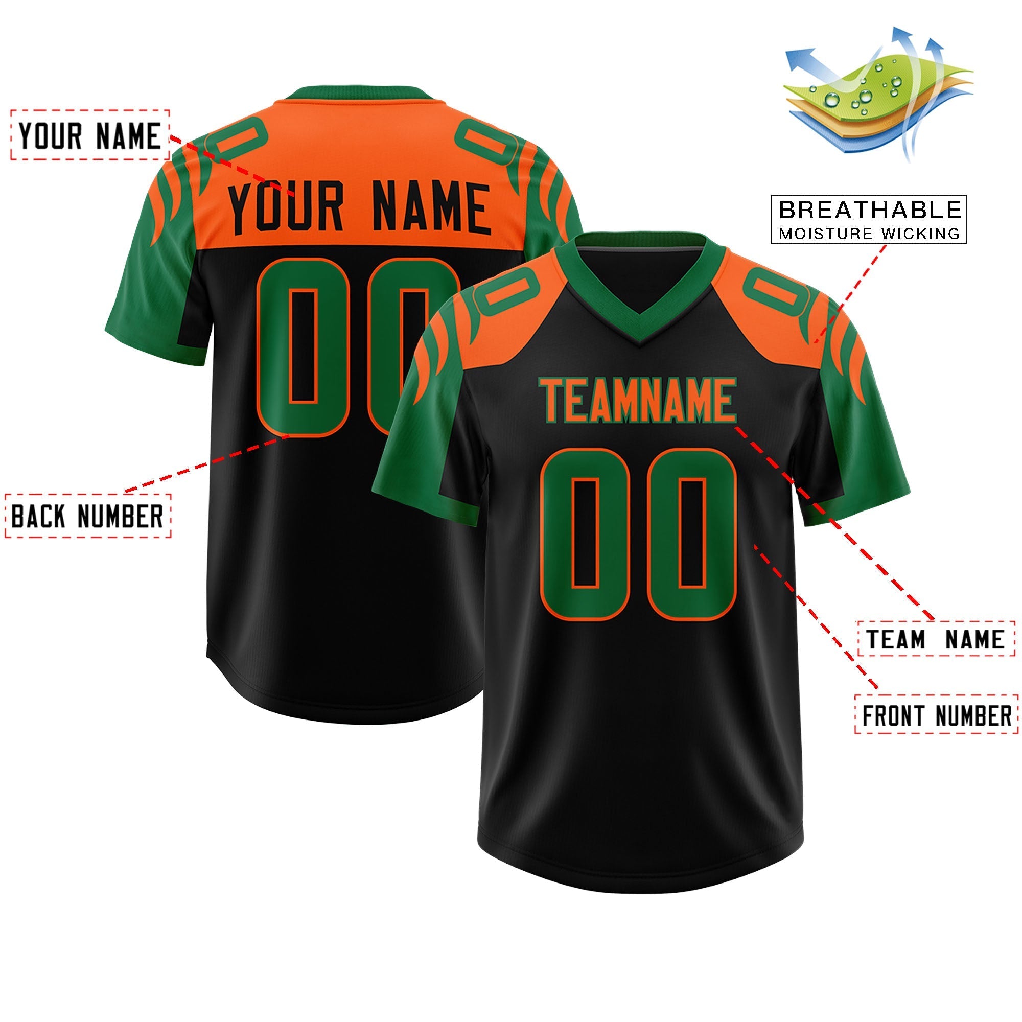 Custom Black Kelly Green Raglan Sleeves Personalized Pattern Authentic American Football Jersey