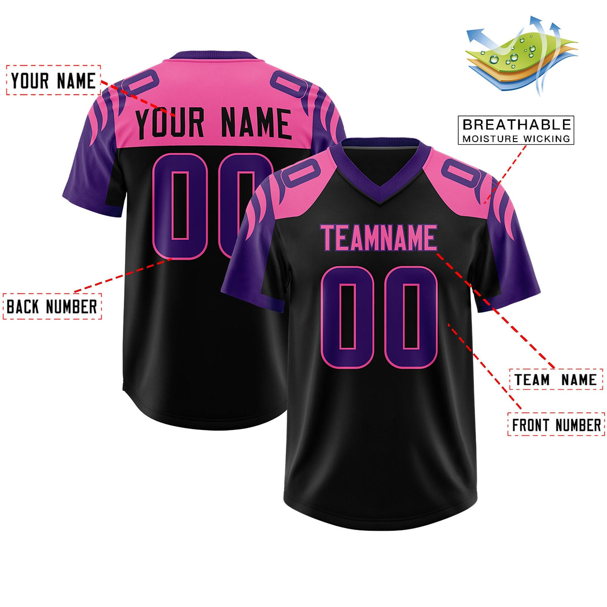 Custom Black Purple Raglan Sleeves Personalized Pattern Authentic American Football Jersey