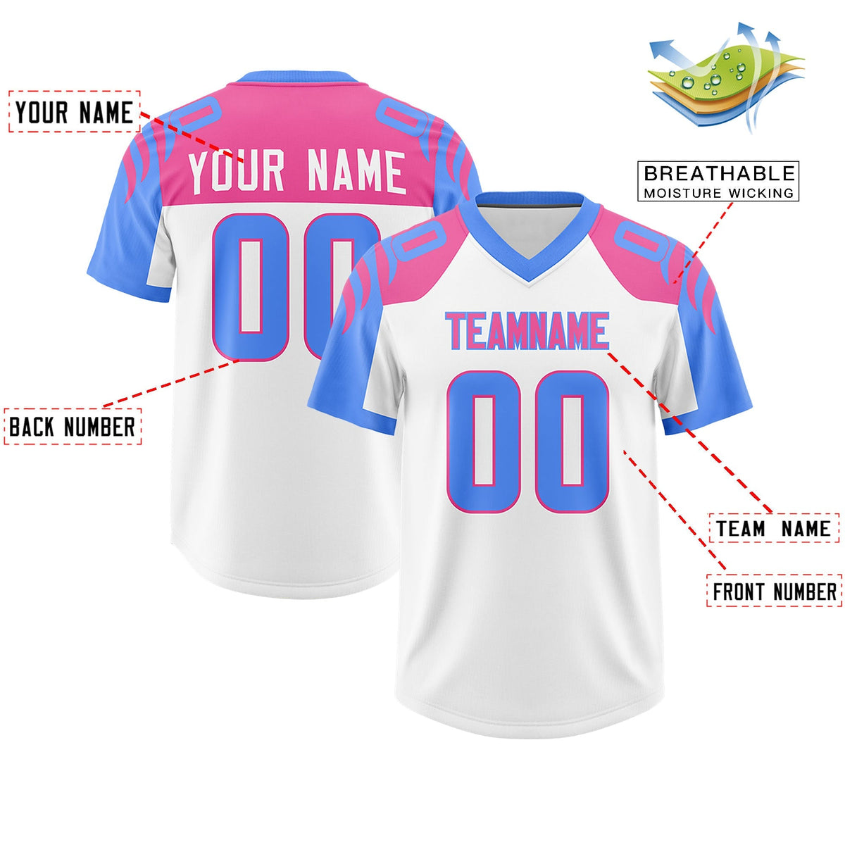 Custom White Powder Blue Raglan Sleeves Personalized Pattern Authentic American Football Jersey