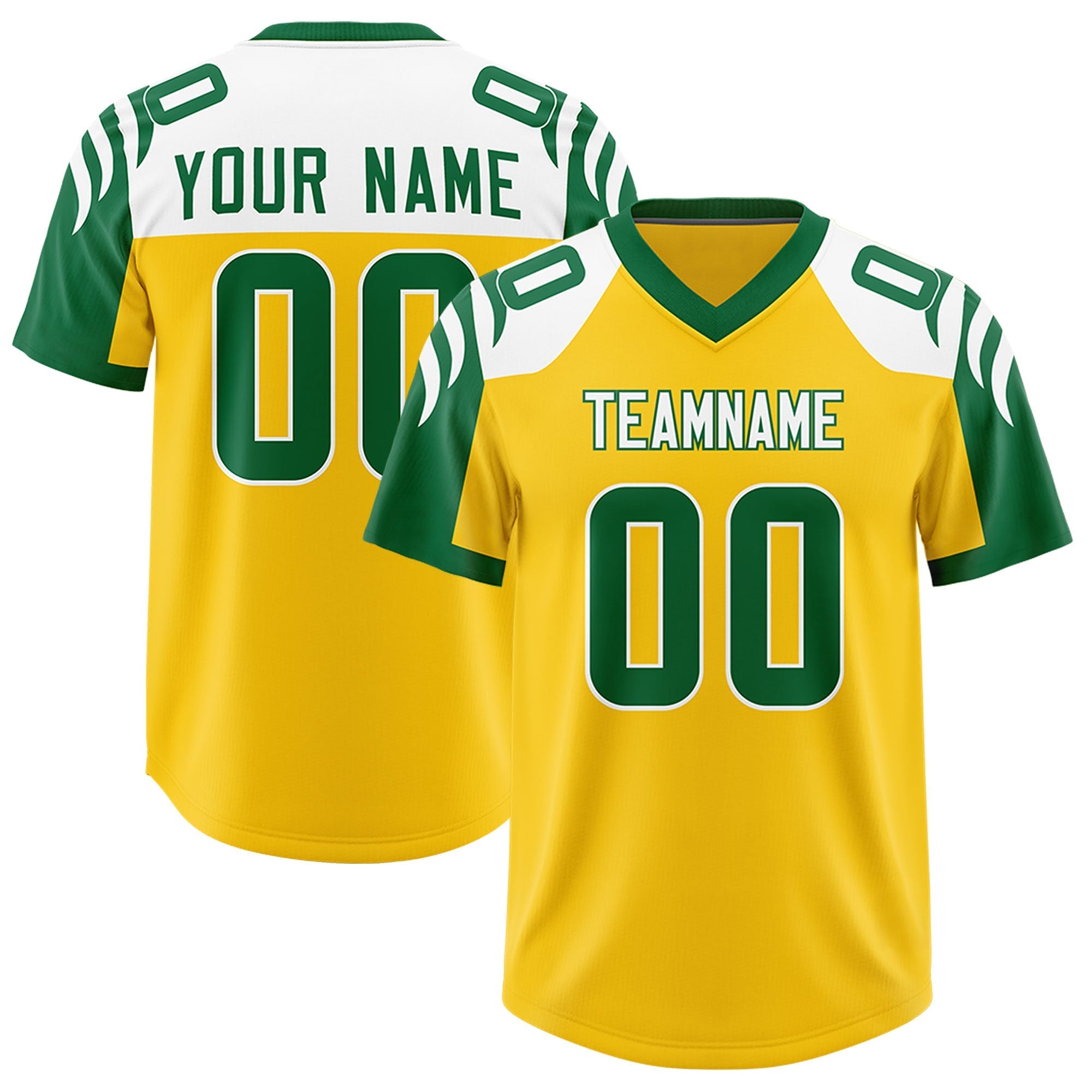 Custom Gold Kelly Green Raglan Sleeves Personalized Pattern Authentic American Football Jersey