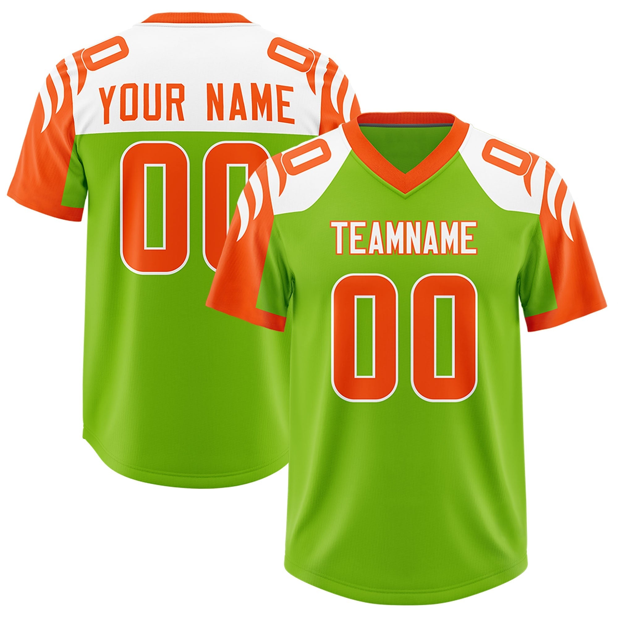 Custom Neon Green Orange Raglan Sleeves Personalized Pattern Authentic American Football Jersey