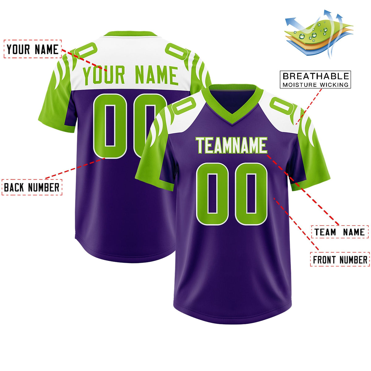 Custom Purple Neon Green Raglan Sleeves Personalized Pattern Authentic American Football Jersey