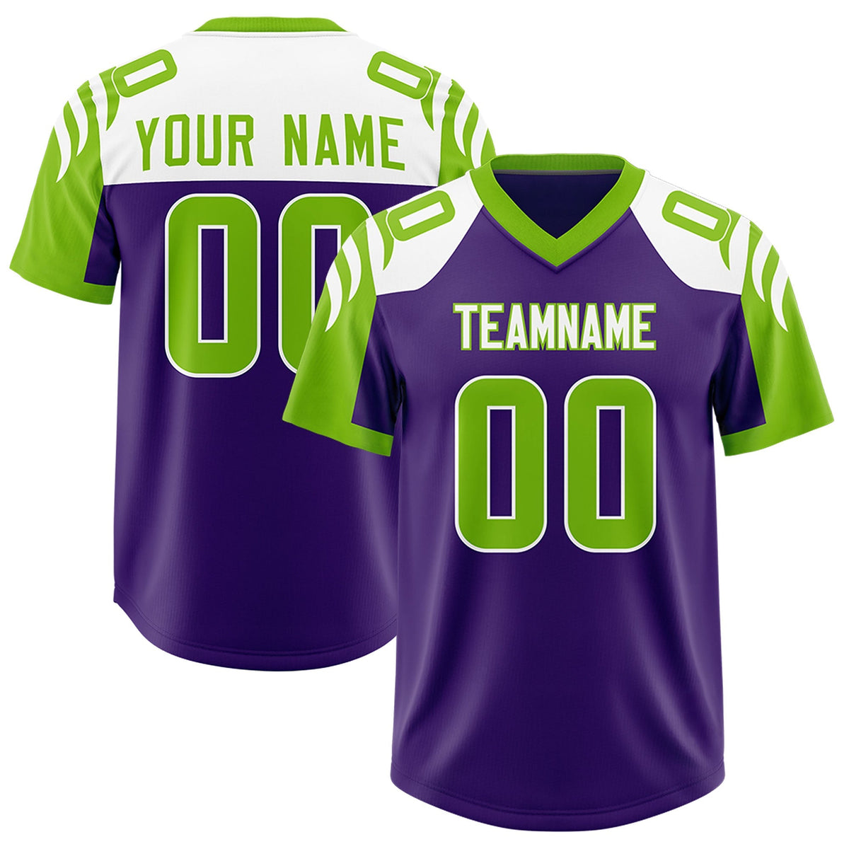 Custom Purple Neon Green Raglan Sleeves Personalized Pattern Authentic American Football Jersey