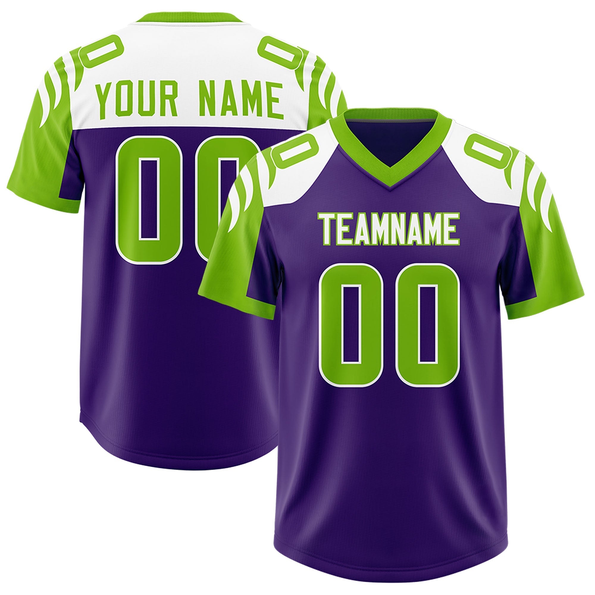 Custom Purple Neon Green Raglan Sleeves Personalized Pattern Authentic American Football Jersey