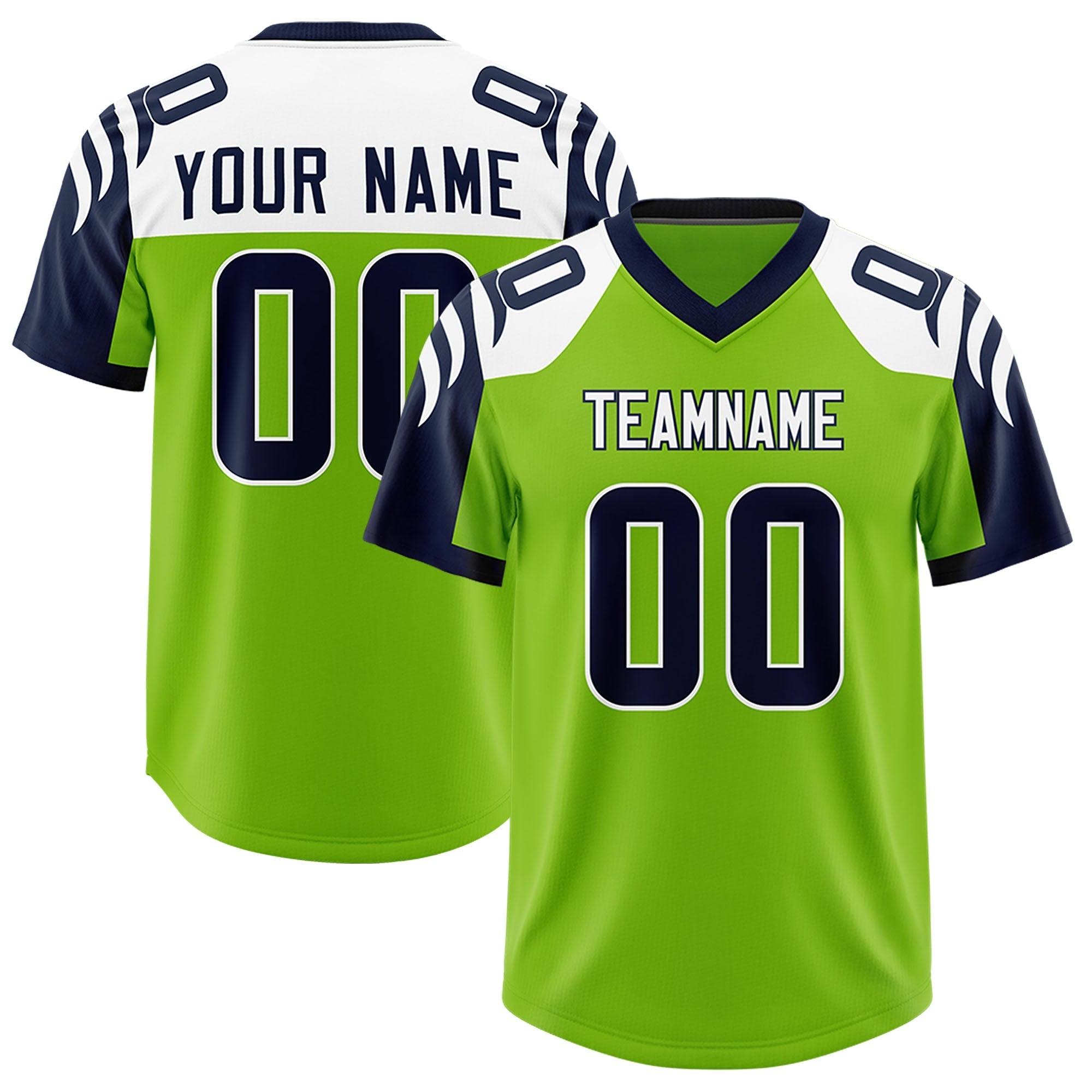 Custom Neon Green Navy Raglan Sleeves Personalized Pattern Authentic American Football Jersey